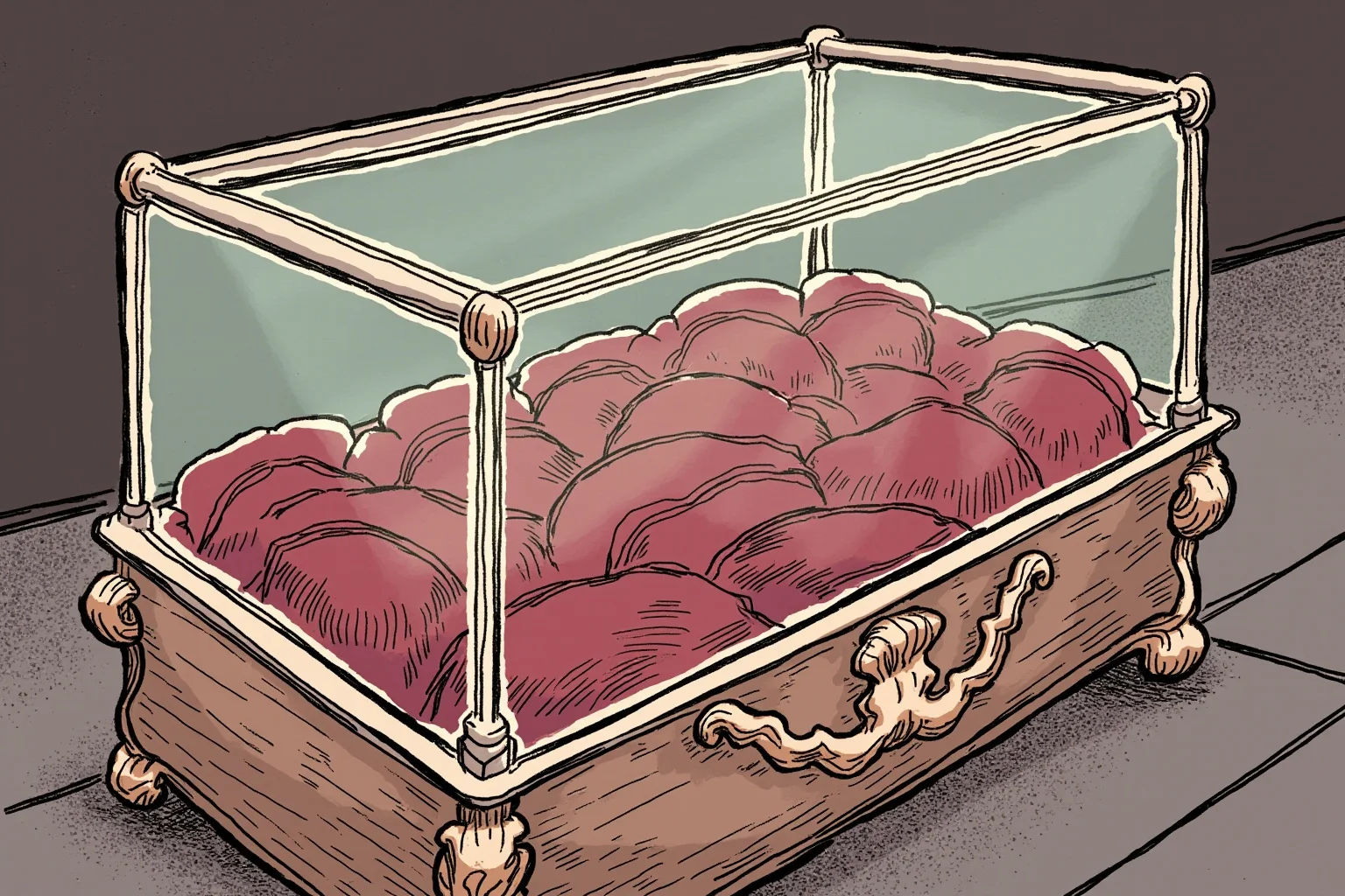 The Louvre Is No Stranger to Losing Millions: Inside the Museum's Biggest Heists 17 Illustration of an ornate glass display case with jewelry pieces missing, velvet cushions disturbed