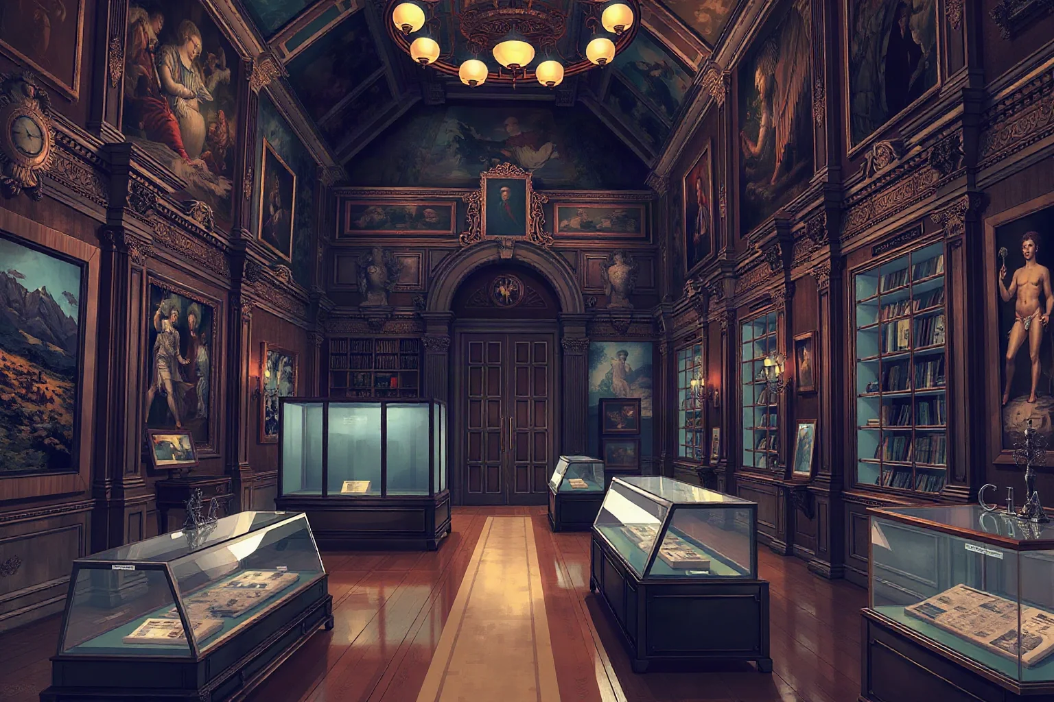 Illustration of an ornate museum interior with glass display cases and dim lighting