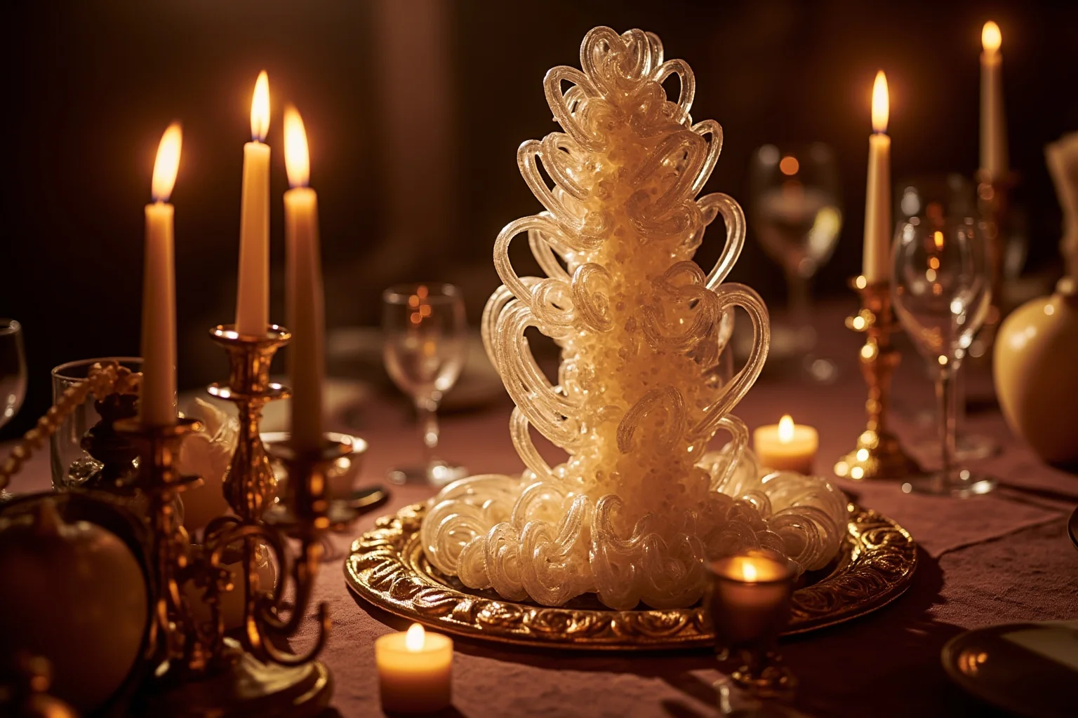 Illustration of an ornate spun-sugar sculpture on a wealthy dining table, candlelit and lavish