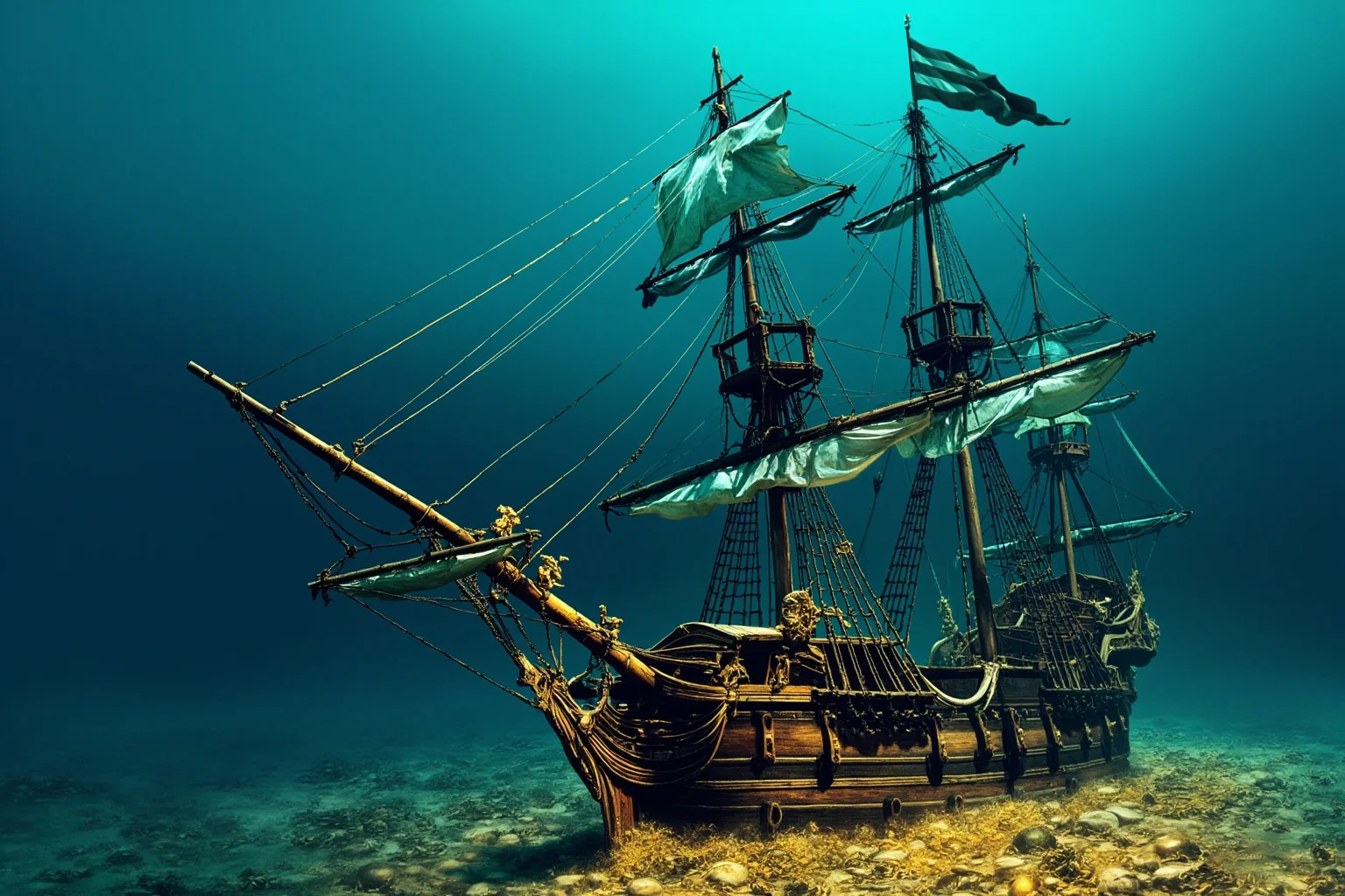 Lost At Sea: 20 Most Famous Shipwrecks in History 18 Illustration of an ornate sunken Spanish galleon on the seafloor surrounded by scattered gold and silver treasure