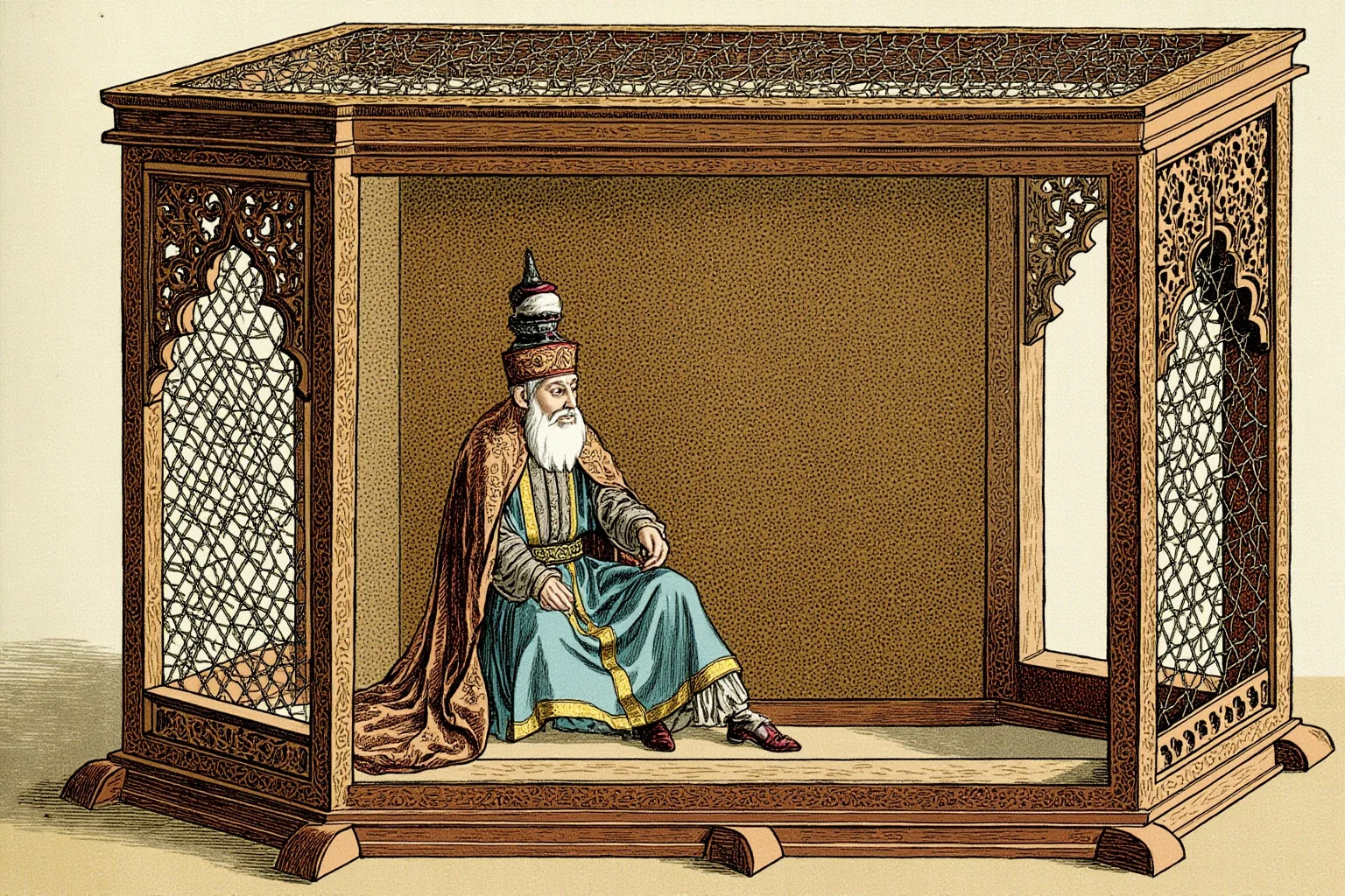 10 of History's Most 'Impactful' Leaders Who Actually Did Almost Nothing 9 Illustration of an Ottoman sultan in ornate robes and turban seated in a secluded, cage-like palace chamber with latticed windows, historical miniature painting style