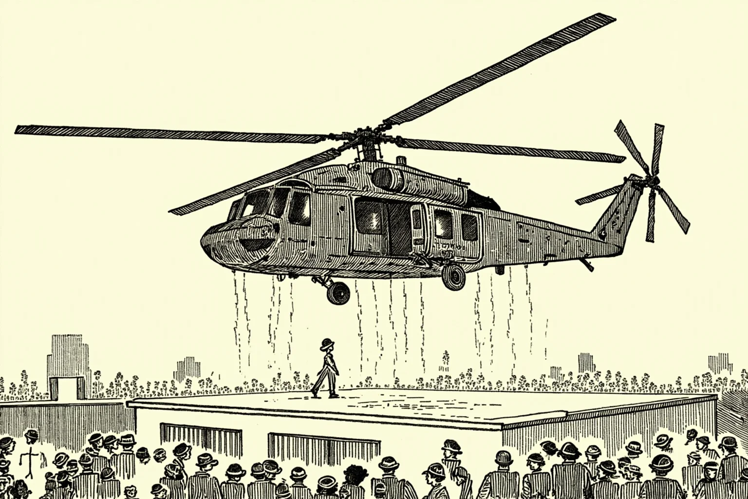 Illustration of an overloaded helicopter lifting off from a rooftop with a crowd below