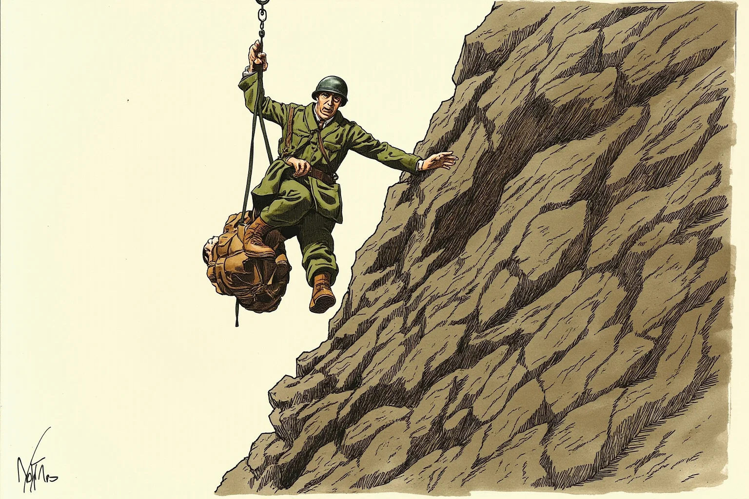 Illustration of an unarmed World War II army medic lowering a wounded soldier down a rocky cliffside