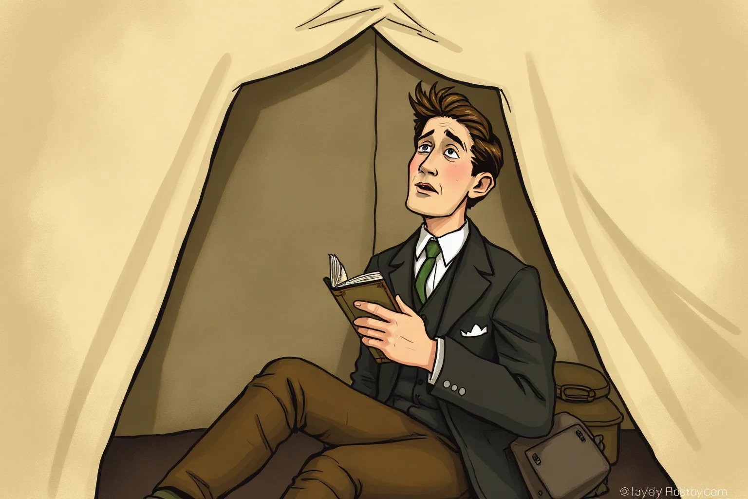 Illustration of an unconventional 1920s poet in a detention camp tent, holding a small notebook, WWI-era setting