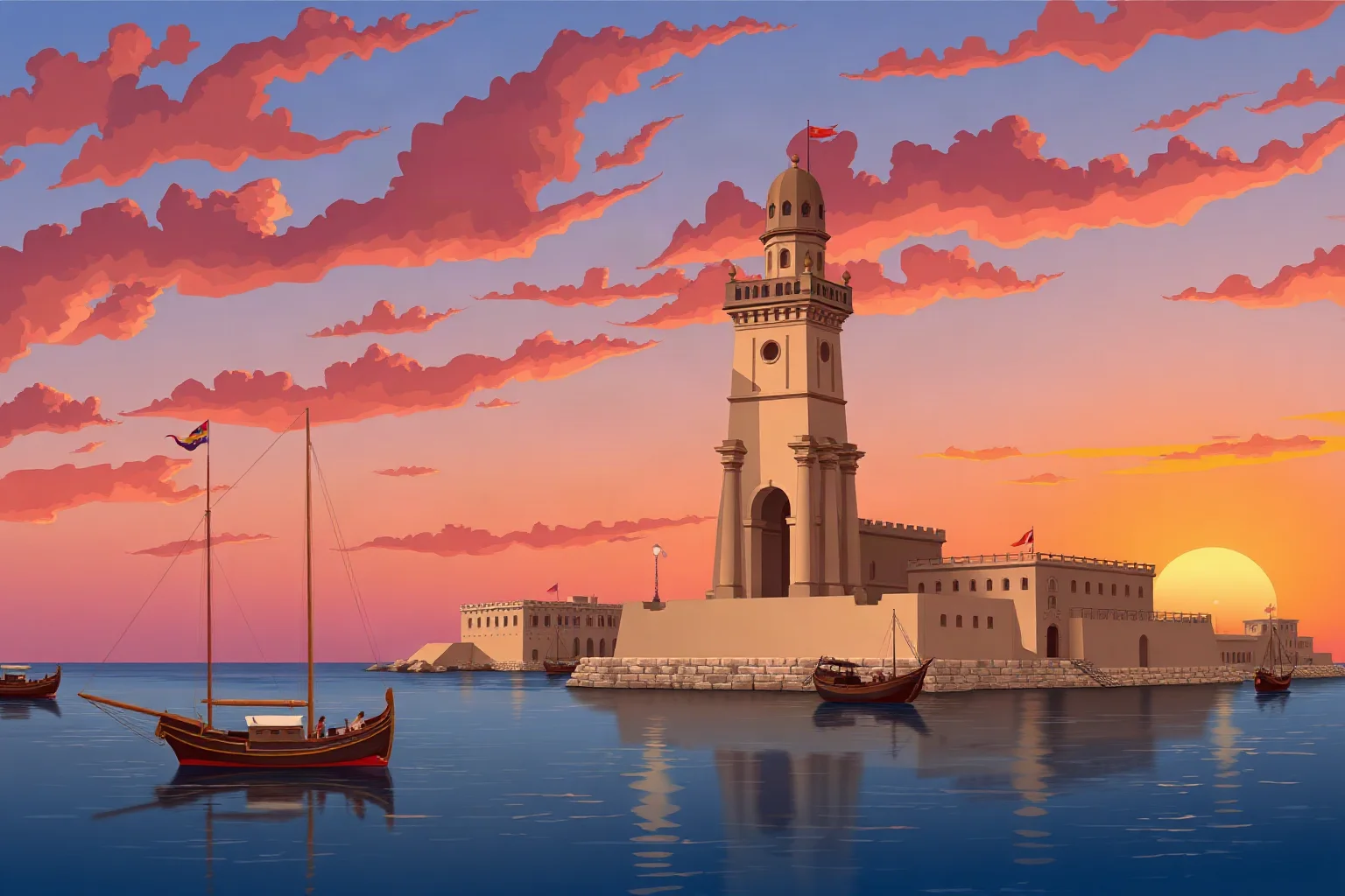 Illustration of ancient Alexandria's harbor with its towering lighthouse at sunset