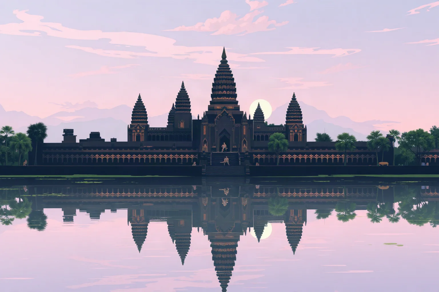 Illustration of ancient Angkor with temple towers reflected in a large reservoir