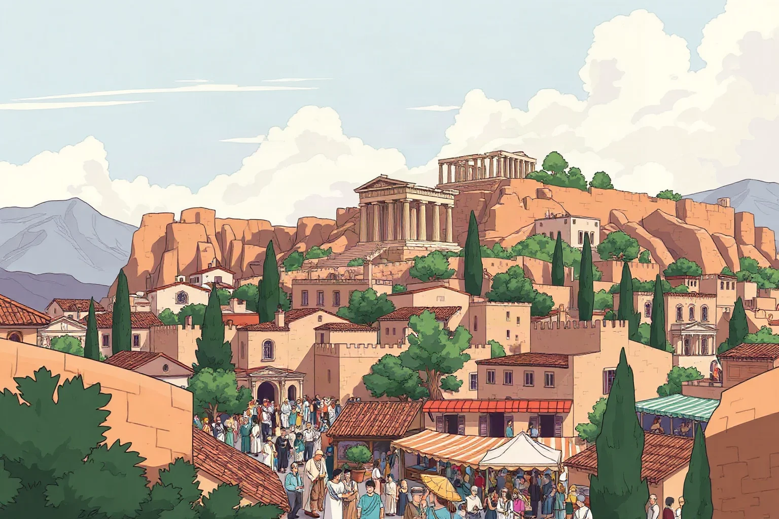 Illustration of ancient Athens with the Acropolis and a crowded marketplace below