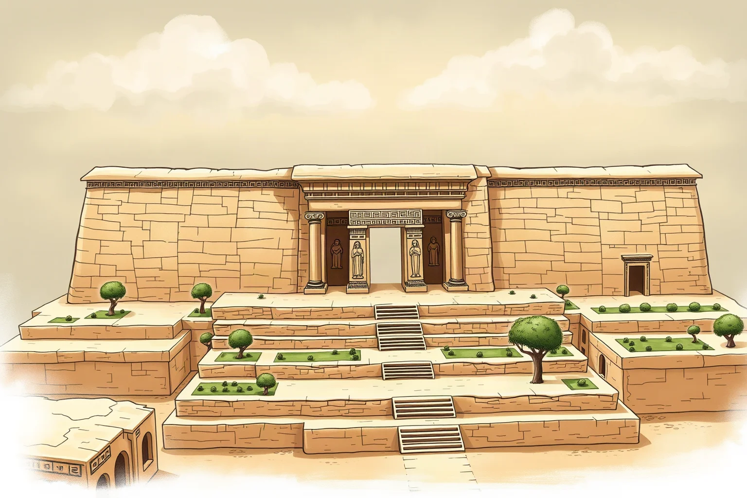 Illustration of ancient Babylon with the Ishtar Gate and tiered garden terraces