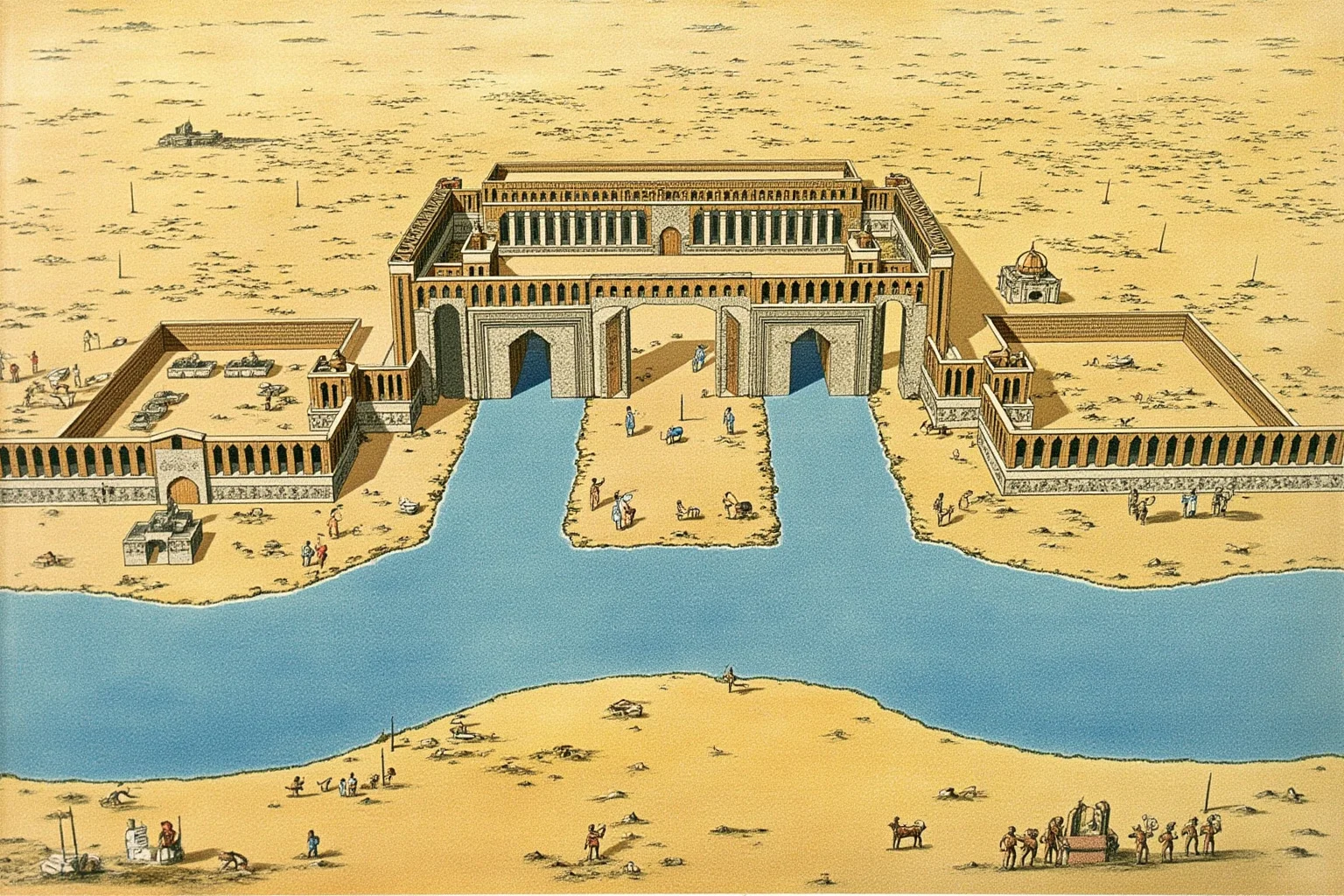 Illustration of ancient Babylon's grand gate and canal system beside the Euphrates River