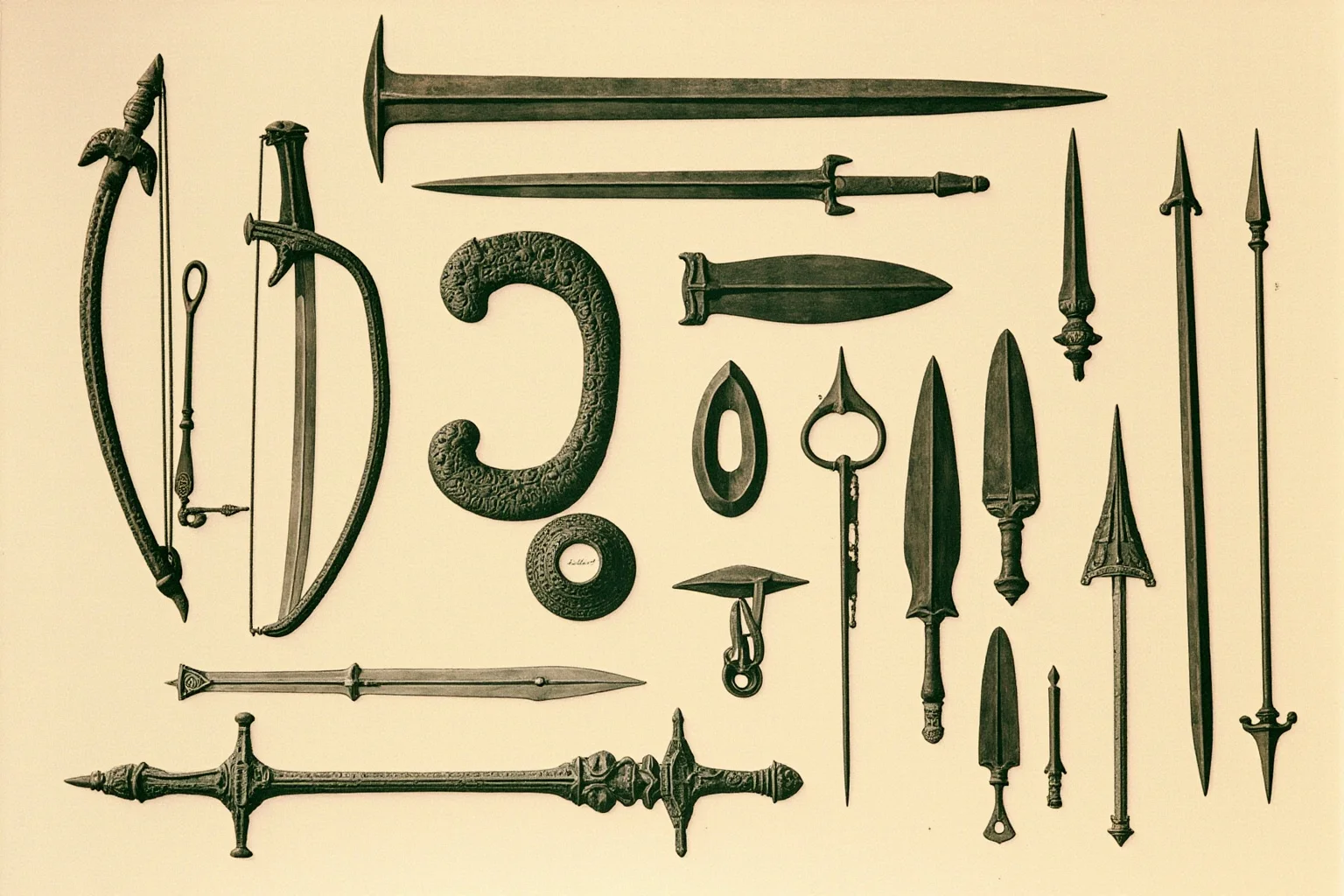 Illustration of ancient bronze swords, crossbows, and spearheads laid out on display