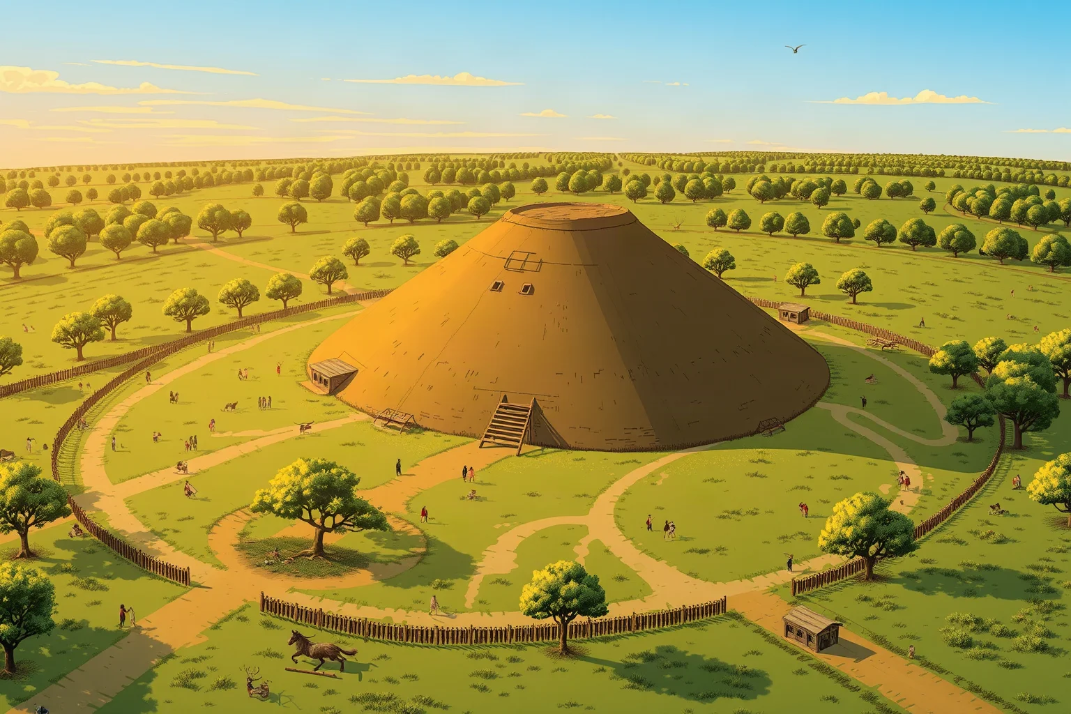 Illustration of ancient Cahokia with a large earthen mound and surrounding plaza