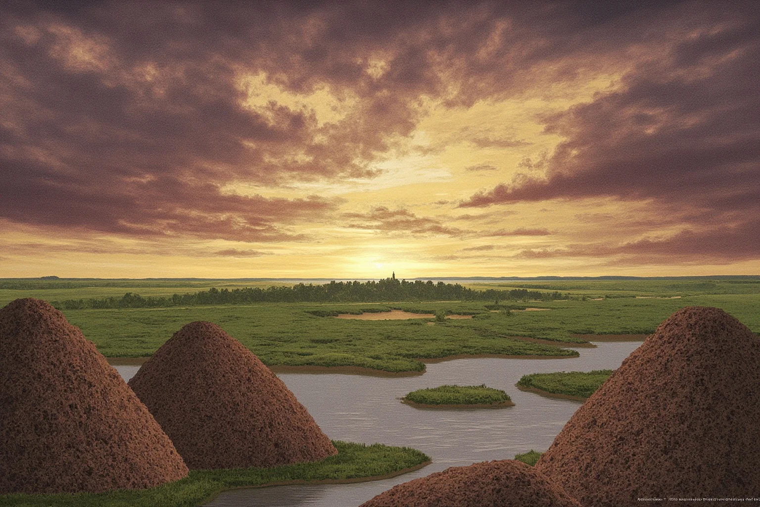 Illustration of ancient Cahokia's earthen mounds beside a wide river under a dramatic sky