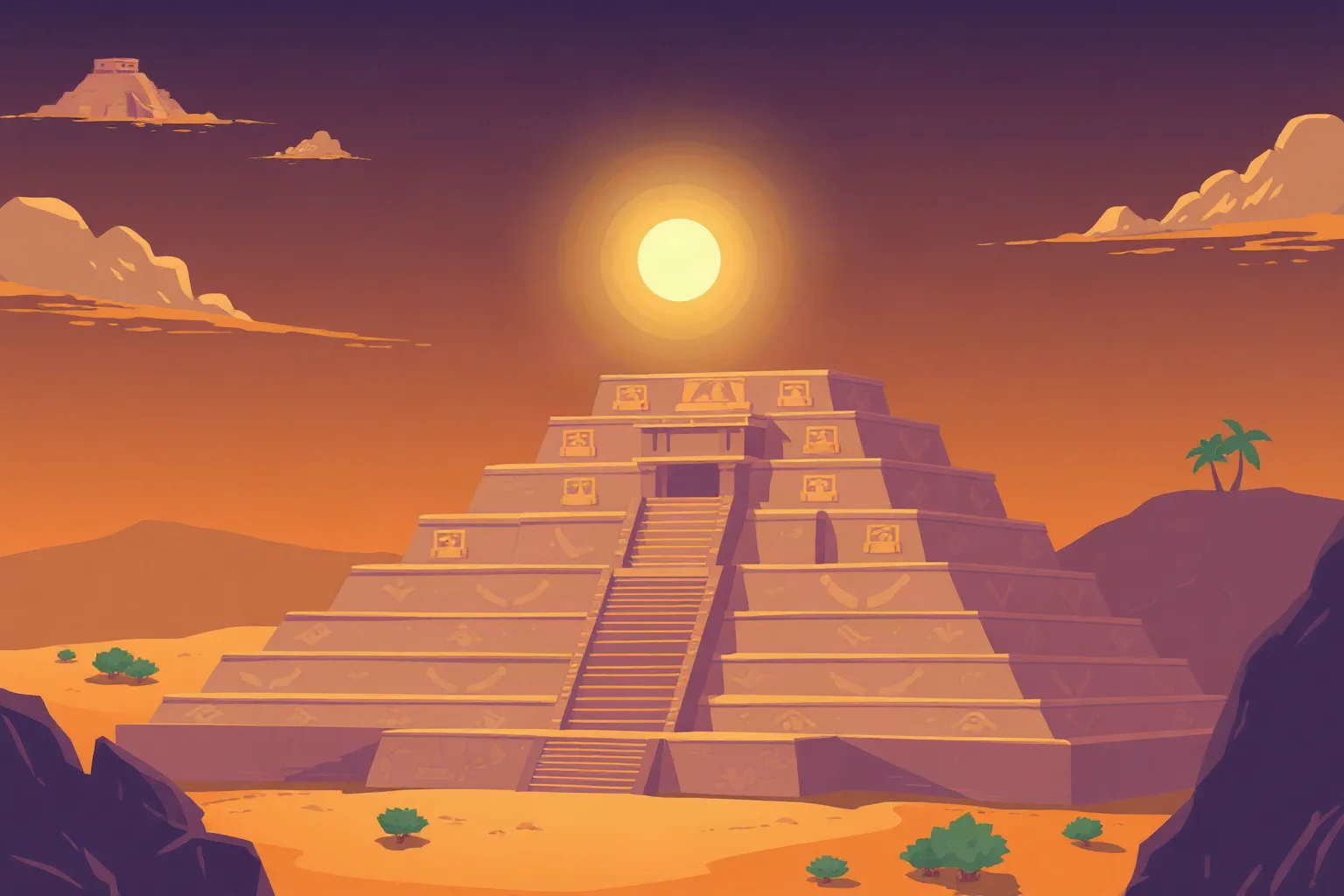 Illustration of ancient Caral in Peru with stepped pyramid structures under a desert sky