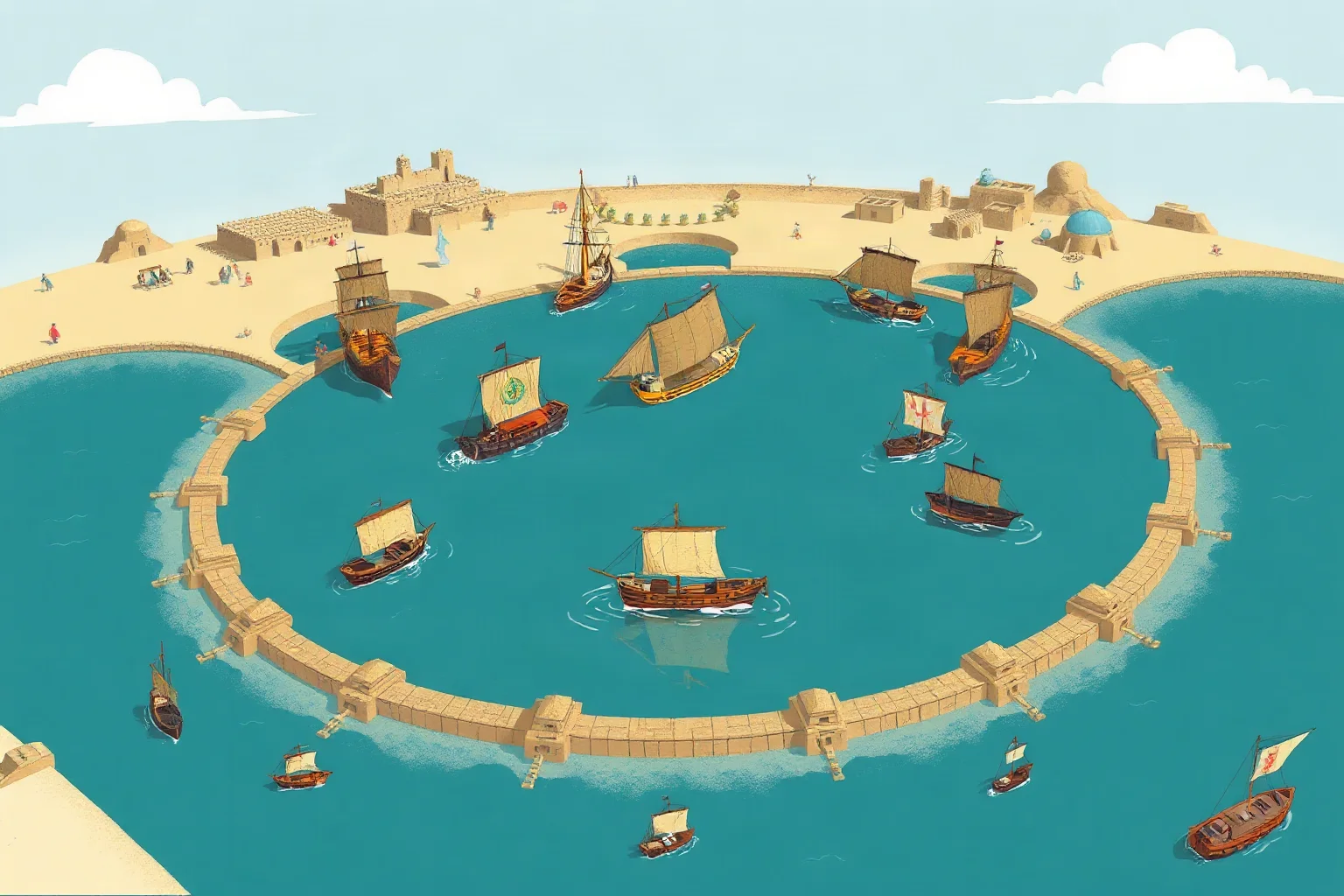 Illustration of ancient Carthage's circular harbor filled with warships