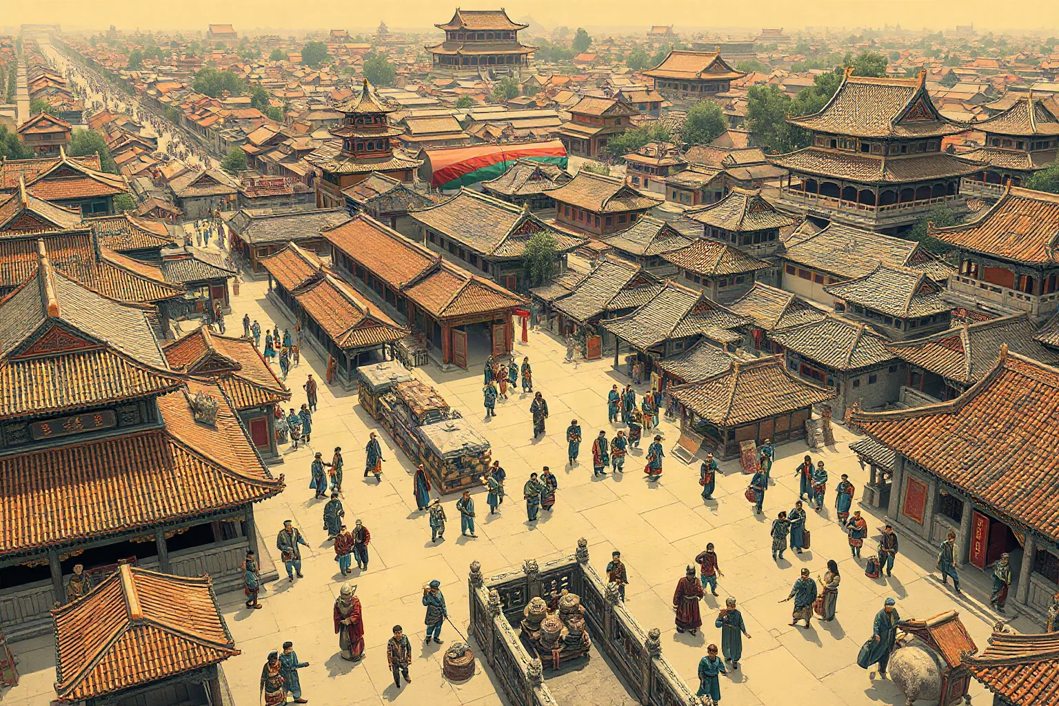 Illustration of ancient Chang'an with grid-planned streets bustling with Silk Road traders