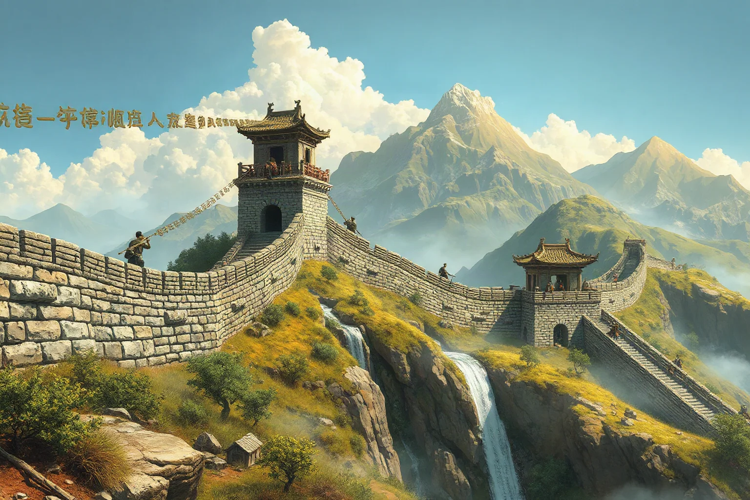 Illustration of ancient Chinese laborers building a massive stone wall across mountainous terrain