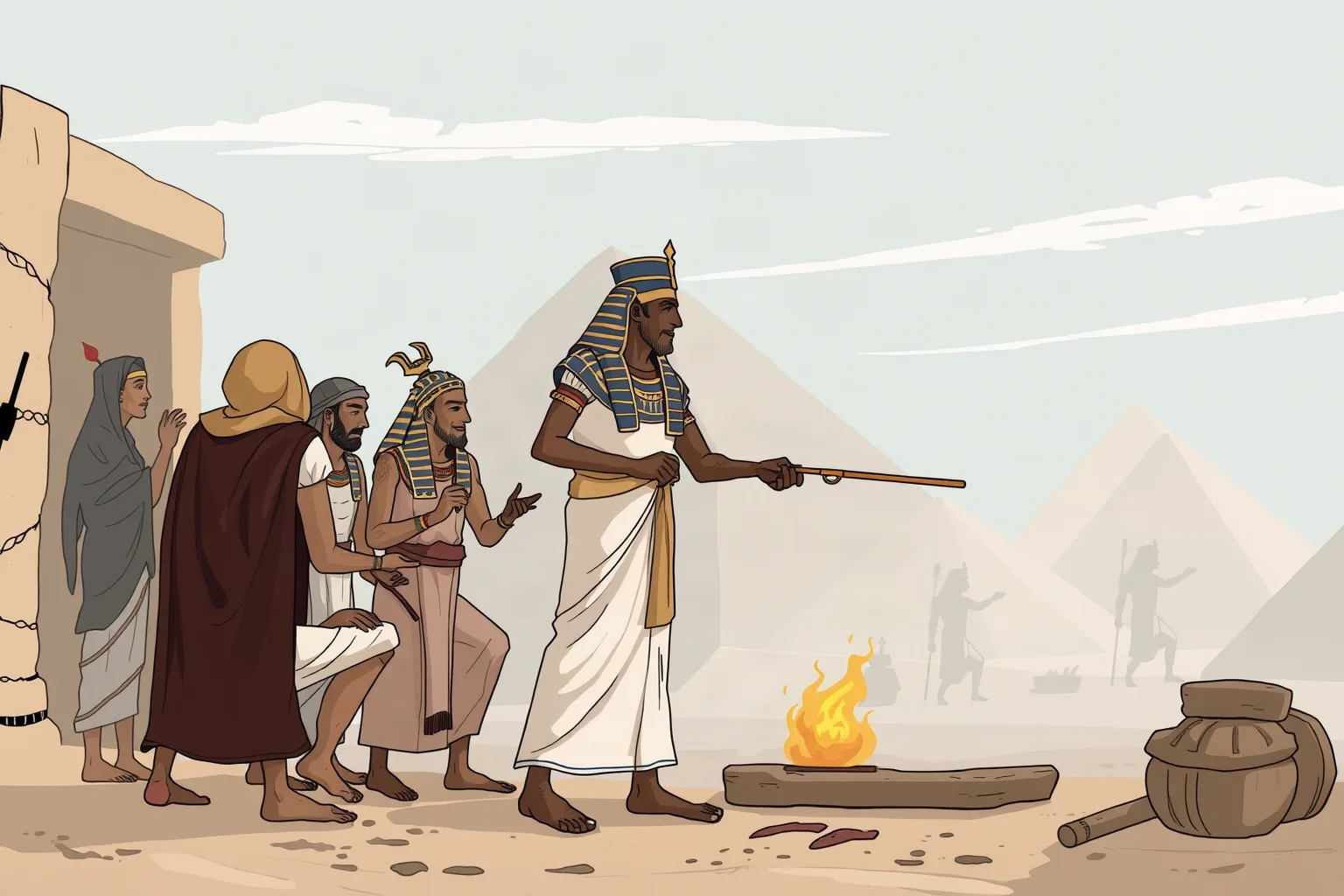 Illustration of ancient Egyptian craftsmen at Deir el-Medina gathered together in a labor dispute scene