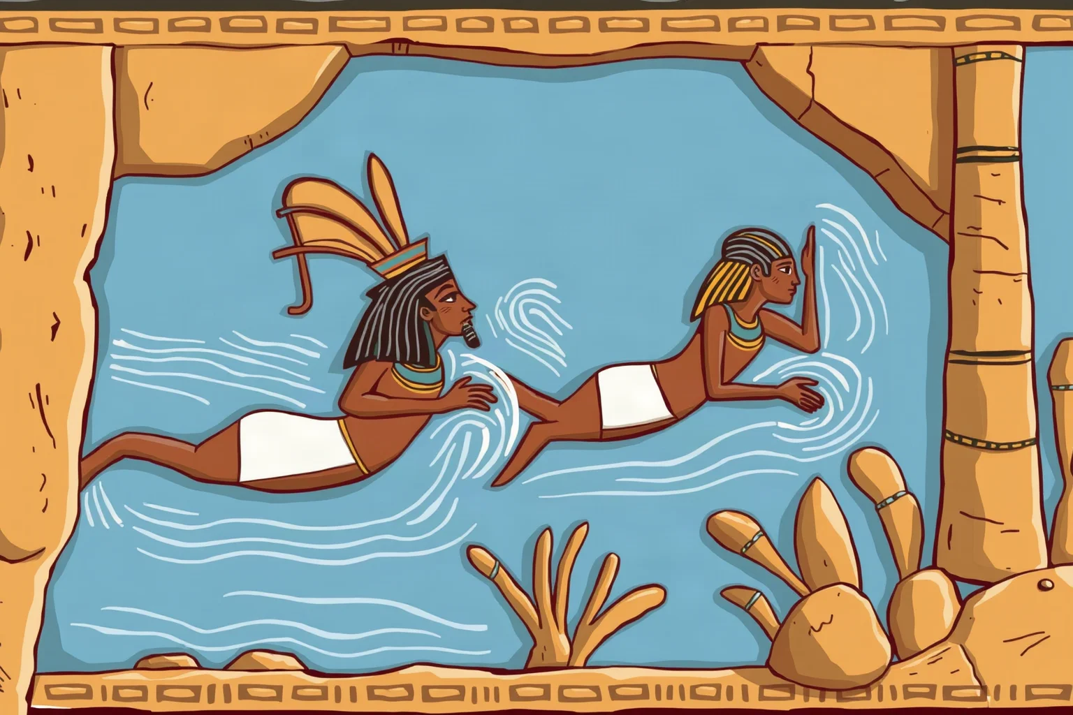 Illustration of ancient Egyptian figures swimming in the Nile, tomb-carving art style