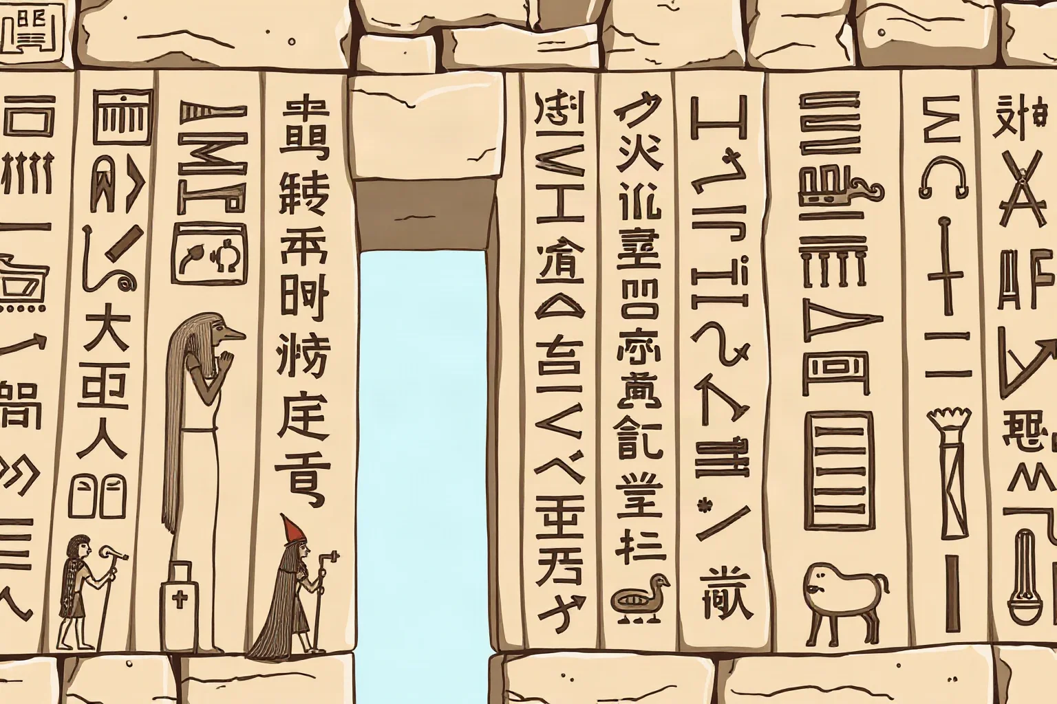 Illustration of ancient Egyptian hieroglyphic inscriptions carved into a stone temple wall