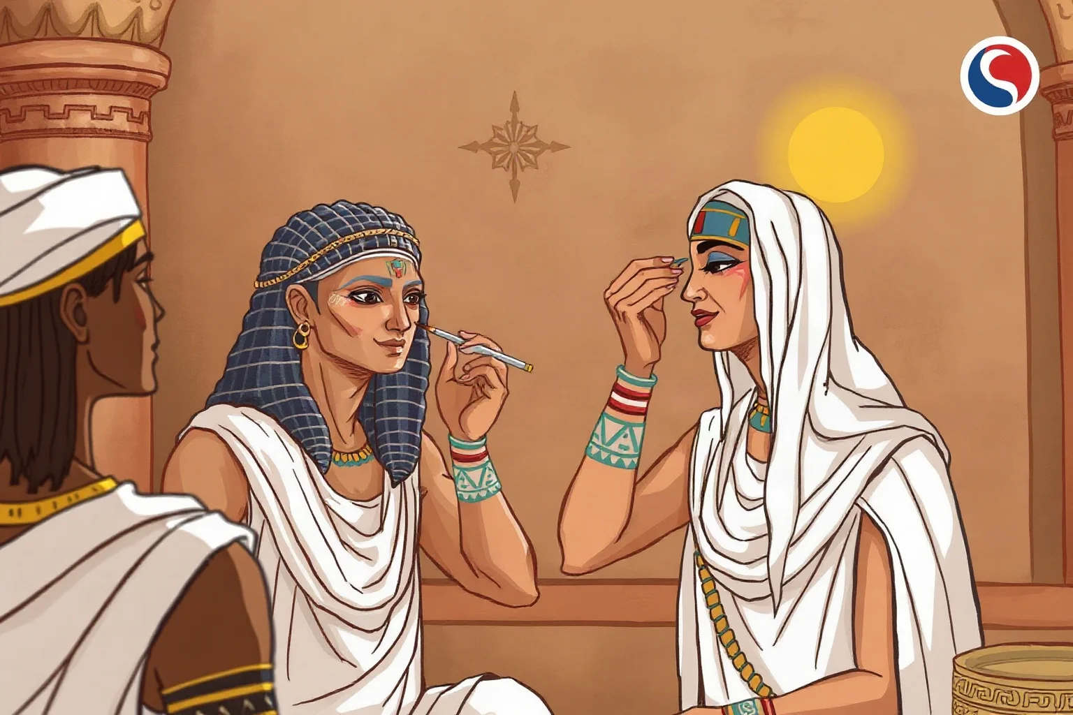 Illustration of ancient Egyptian men and women applying kohl eyeliner, in a palace grooming scene