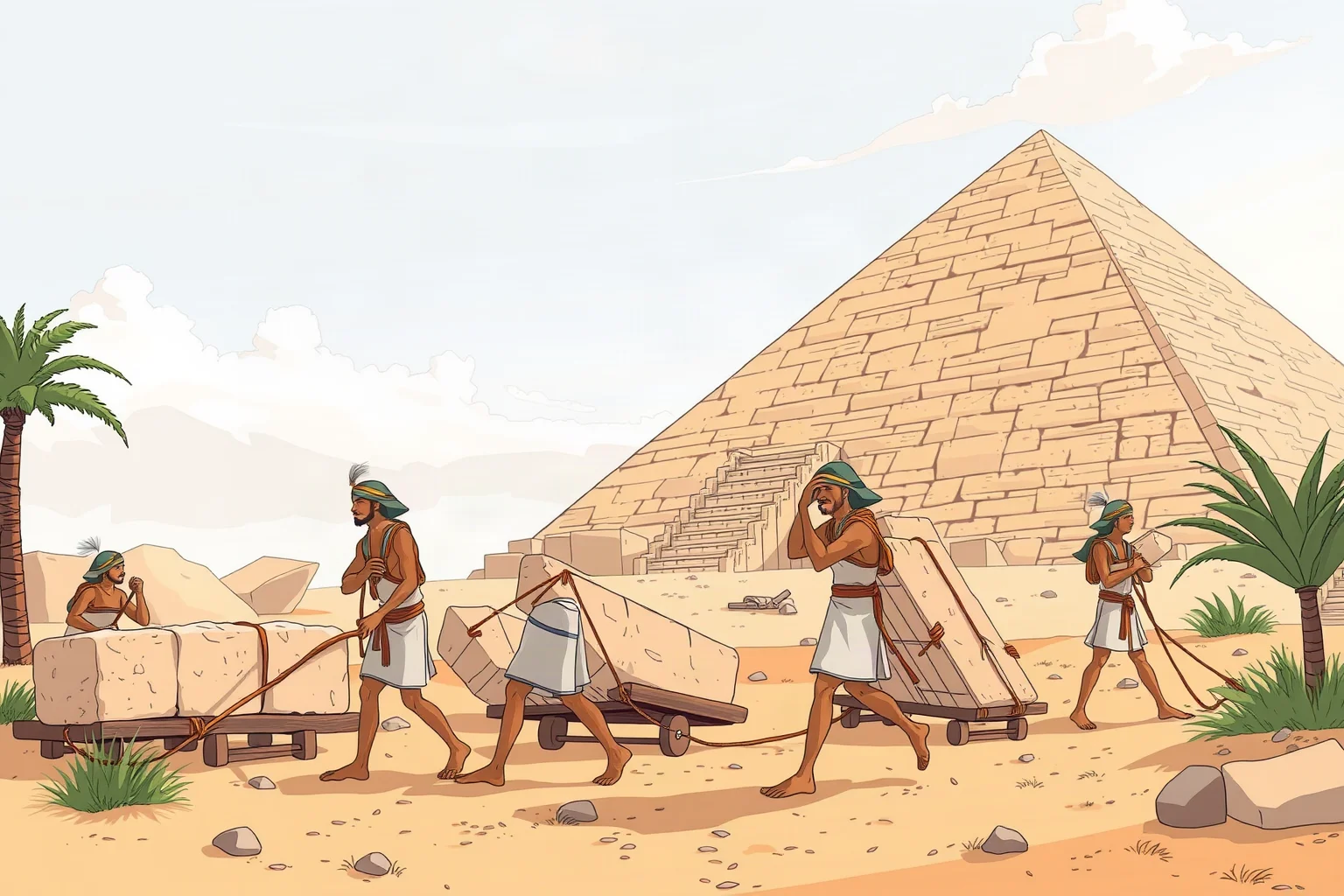 Illustration of ancient Egyptian workers hauling limestone blocks with ropes and wooden sledges near a pyramid construction site