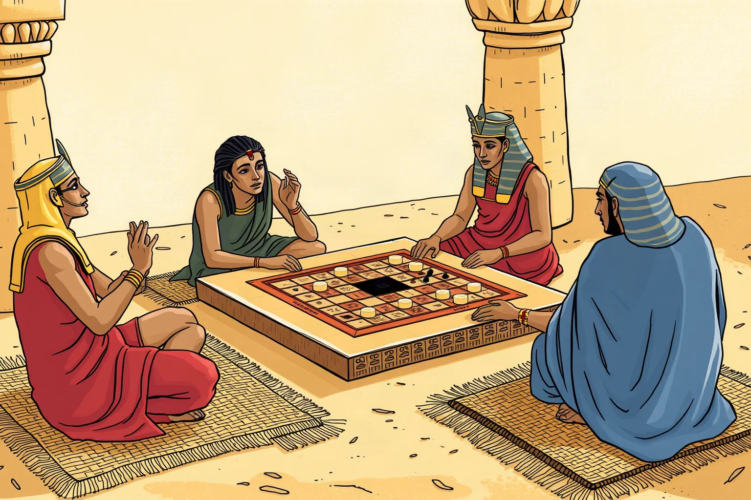 Illustration of ancient Egyptians playing the Senet board game on woven mats
