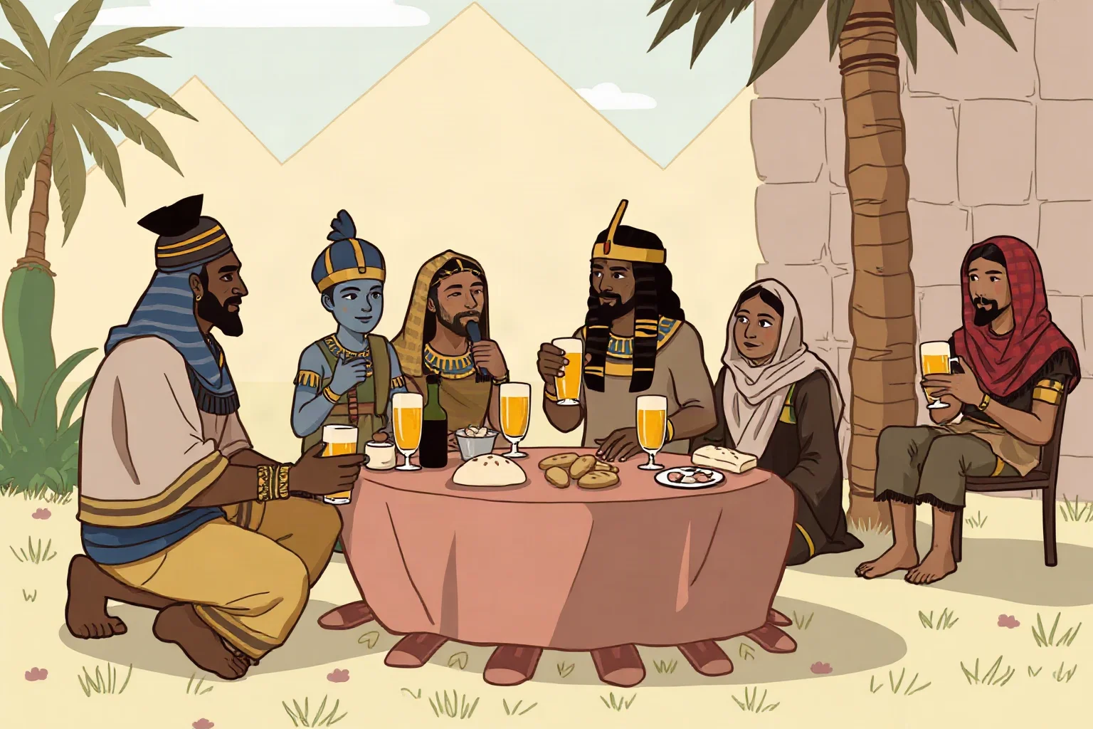 Illustration of ancient Egyptians sharing bread and beer at a communal outdoor meal