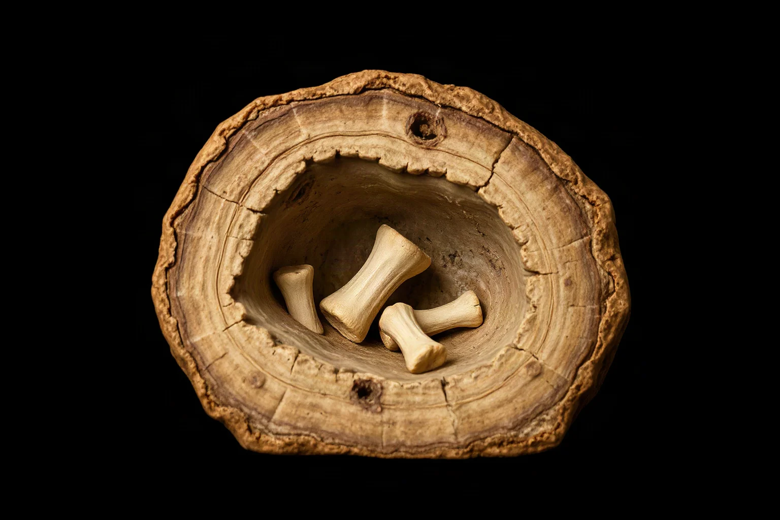 Illustration of ancient fossilized dung (coprolite) with visible bone fragments embedded inside, museum specimen style