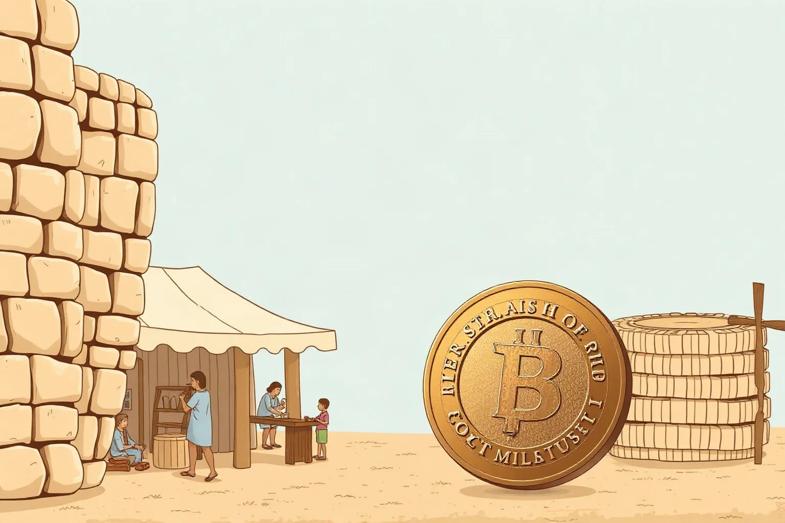 Illustration of ancient grain markets and coin currency representing economic management in antiquity