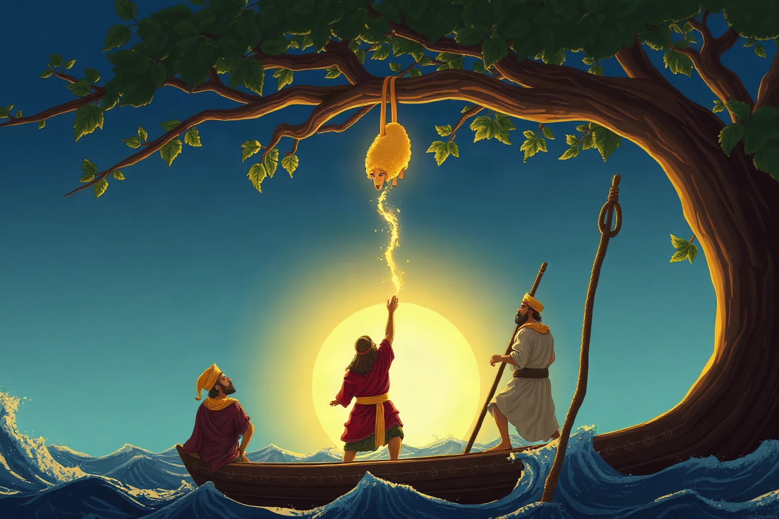 Illustration of ancient Greek sailors on a wooden ship reaching for a glowing golden fleece hanging in a tree