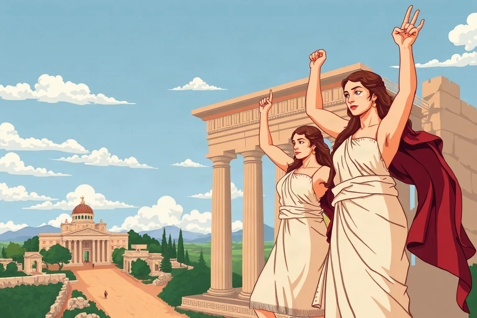 Illustration of ancient Greek women standing defiantly before a city gate, evoking Lysistrata, stylized classical art