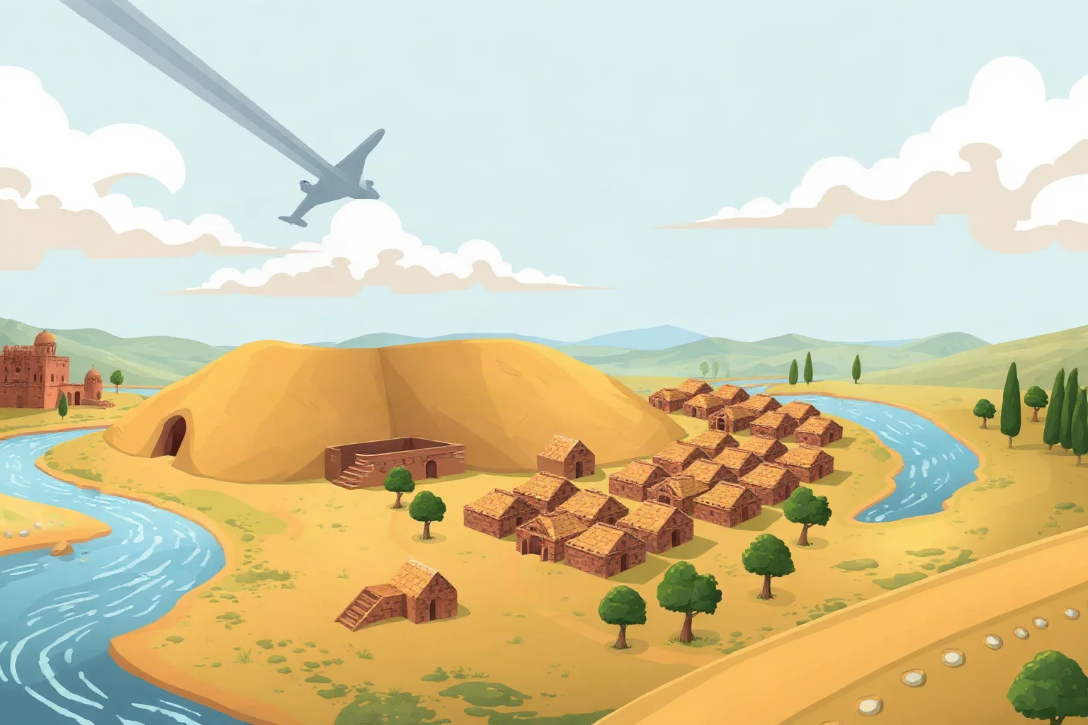 Illustration of ancient Harappa with granaries and organized brick buildings along a river