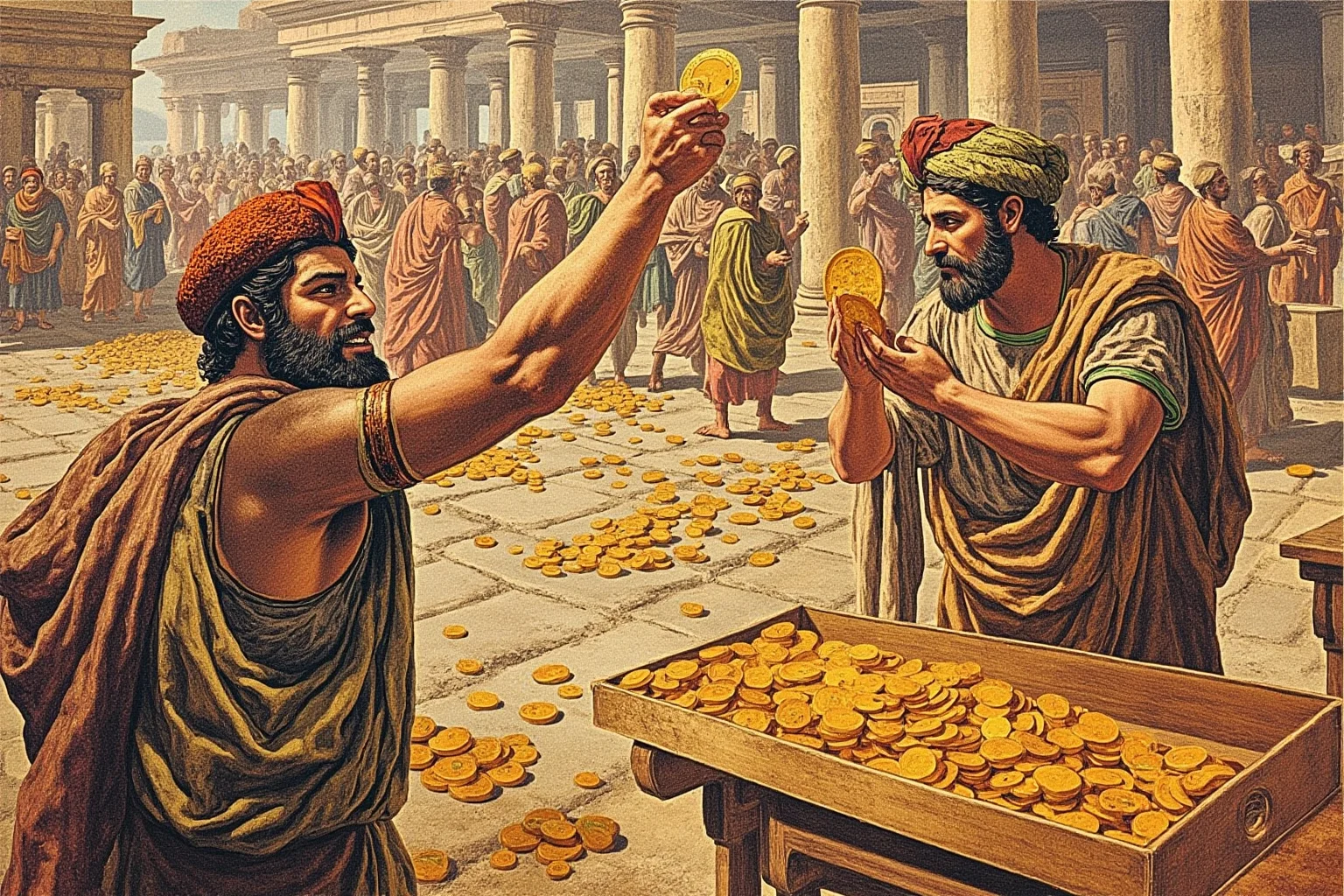 The Role of Markets and Bazaars in Ancient Economies 17 Illustration of ancient Lydian merchants using early electrum coins in a marketplace