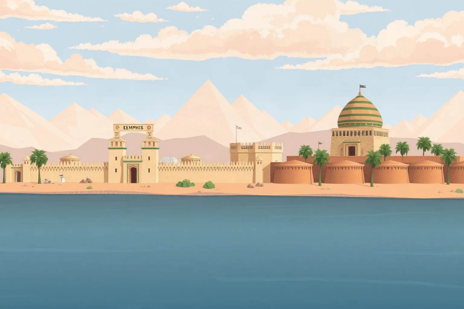 Illustration of ancient Memphis, Egypt with white-walled fortifications along the Nile