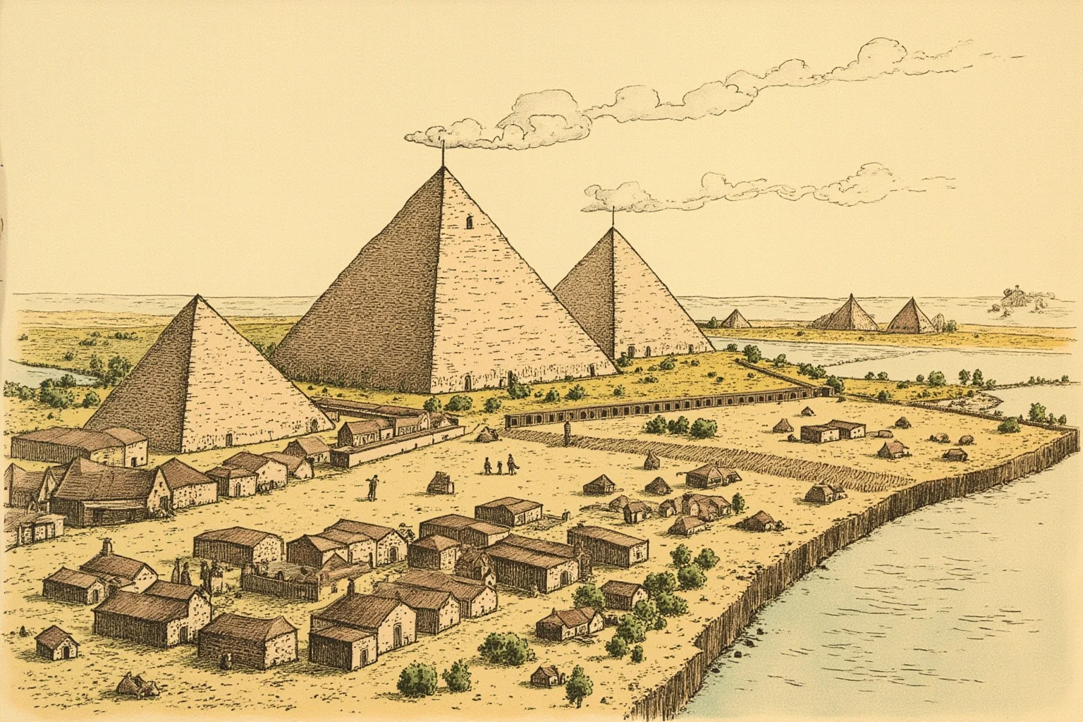 Illustration of ancient Nile-side pyramids and iron-working village representing the kingdom of Meroe