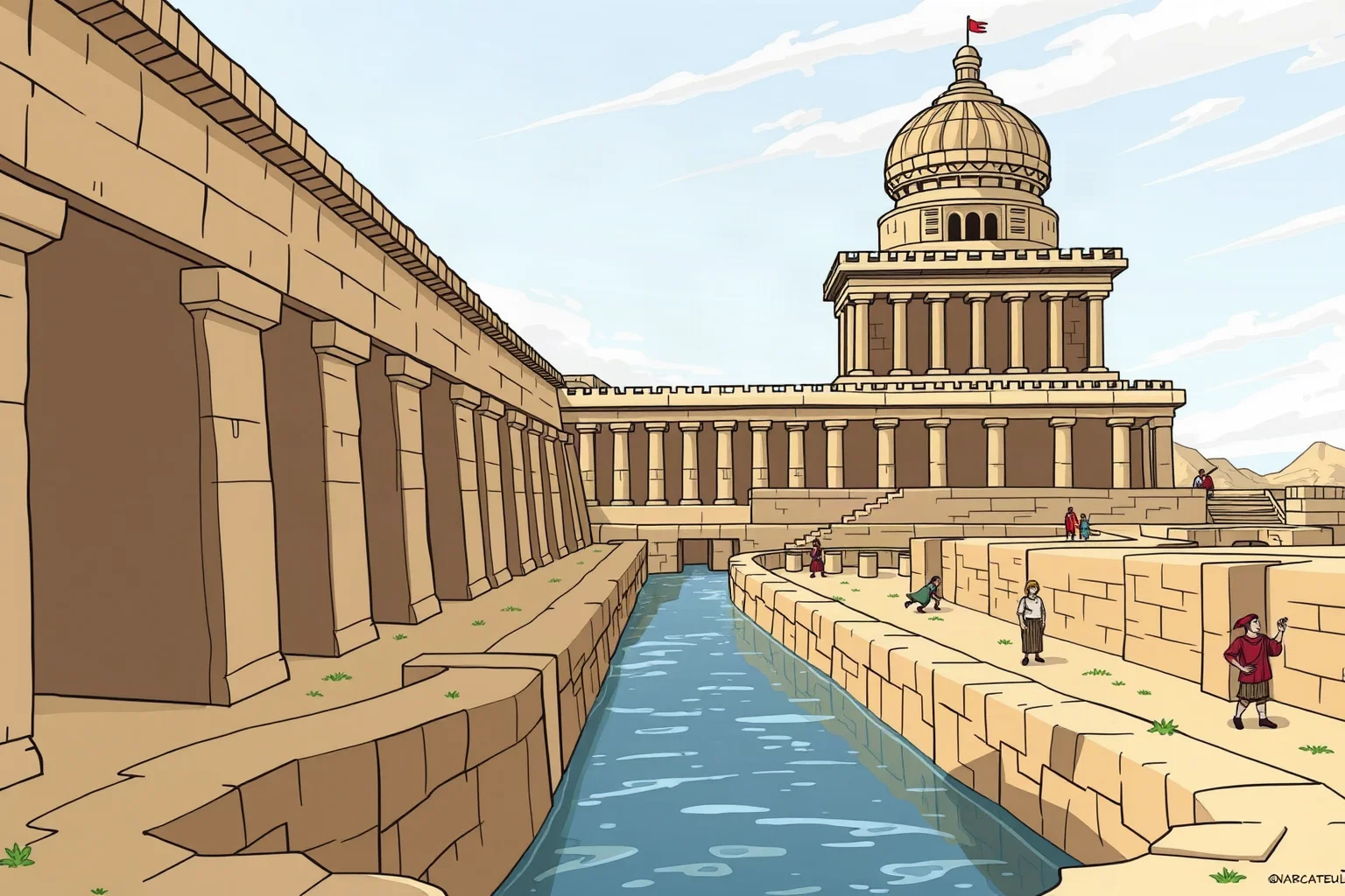Illustration of ancient Nineveh with aqueduct channels and a grand library building
