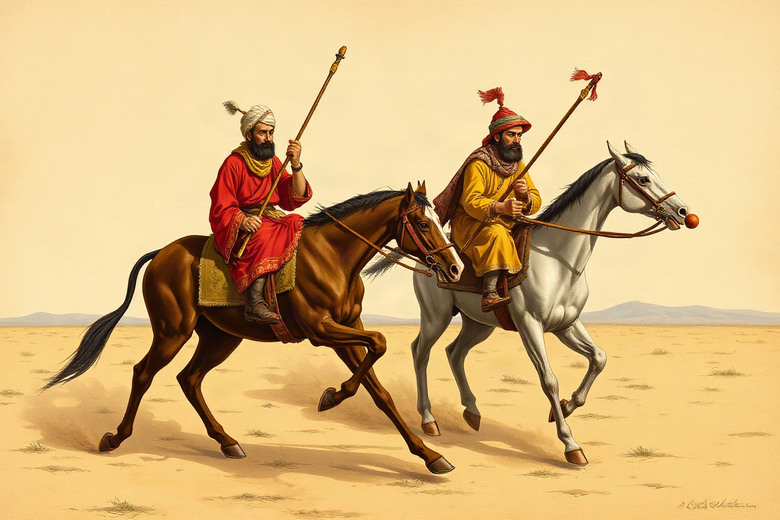 Illustration of ancient Persian horsemen playing polo with long mallets and a small ball