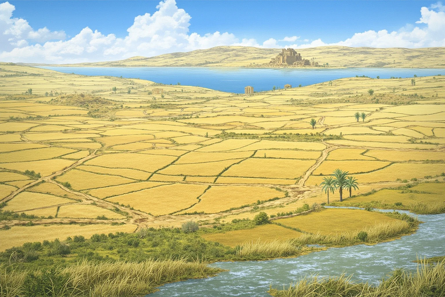 Illustration of ancient raised-field agriculture beside a high-altitude Andean lake with distant temple ruins