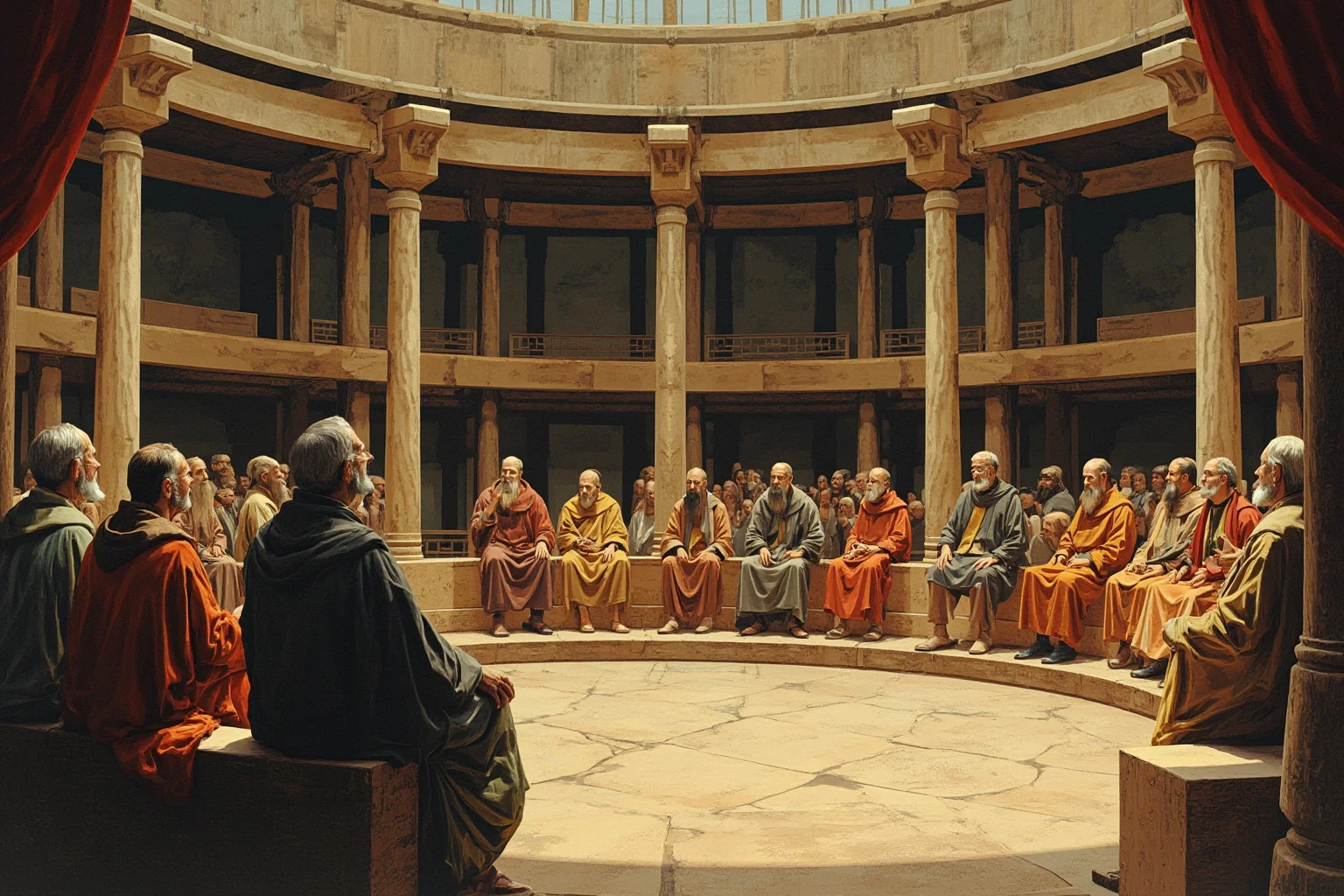 Illustration of ancient robed elders seated in a circular open-air assembly hall, deep in discussion