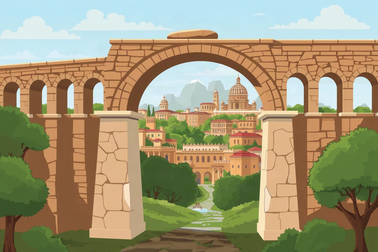 Illustration of ancient Rome with an aqueduct arching into the city skyline