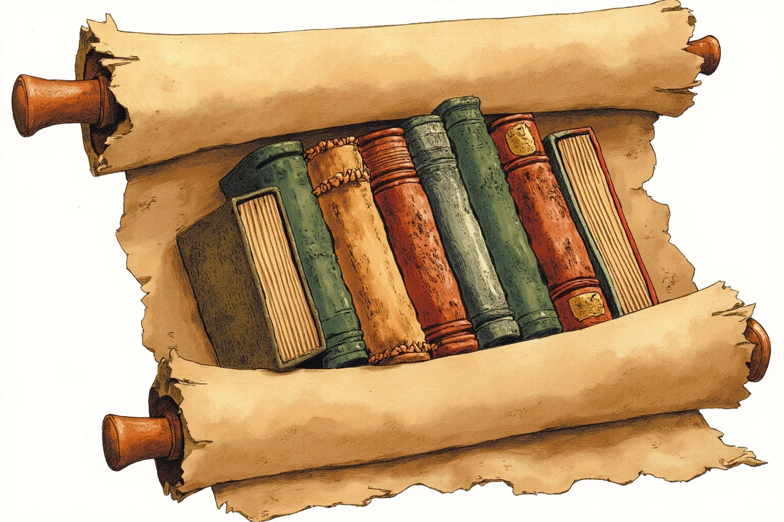Illustration of ancient scrolls representing different biblical books bound together as a library