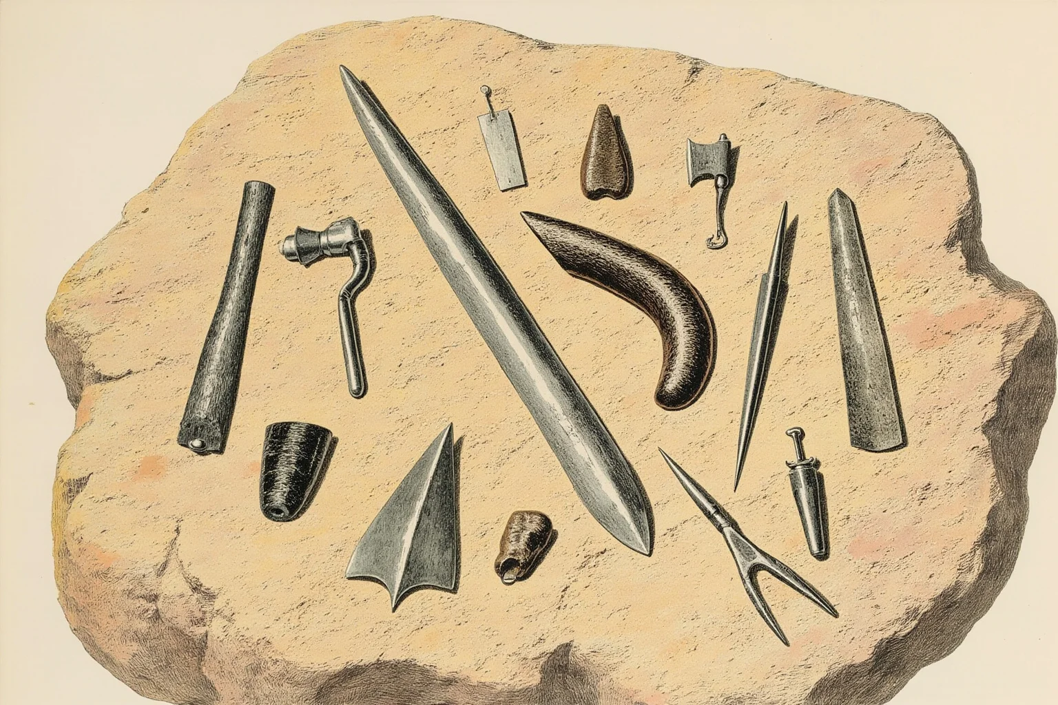 The Worst Inventions of All Time, Ranked 16 Illustration of ancient stone-age surgical tools laid out on a rock, archaeological style