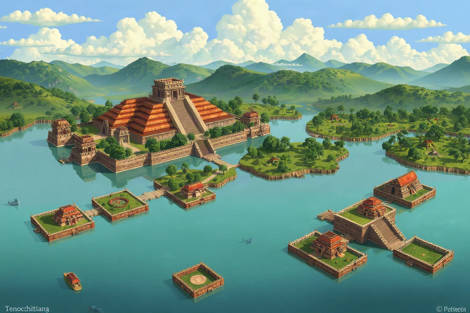 Illustration of ancient Tenochtitlan built on a lake with causeways and floating garden plots