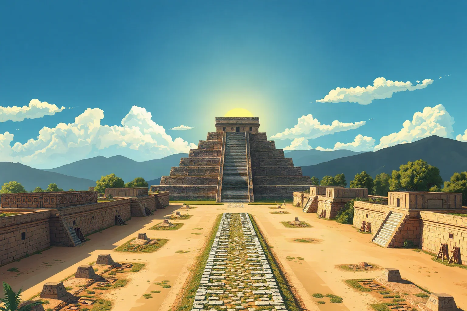 Illustration of ancient Teotihuacan with the Pyramid of the Sun and a long central avenue