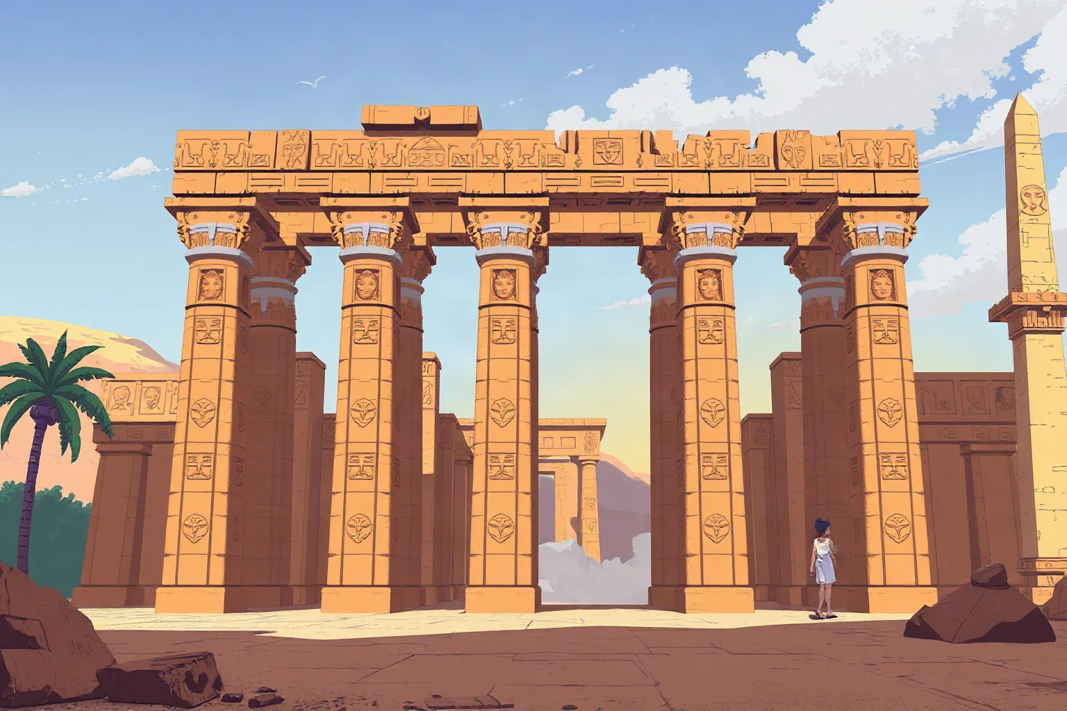 Illustration of ancient Thebes, Egypt with monumental temple pylons and obelisks