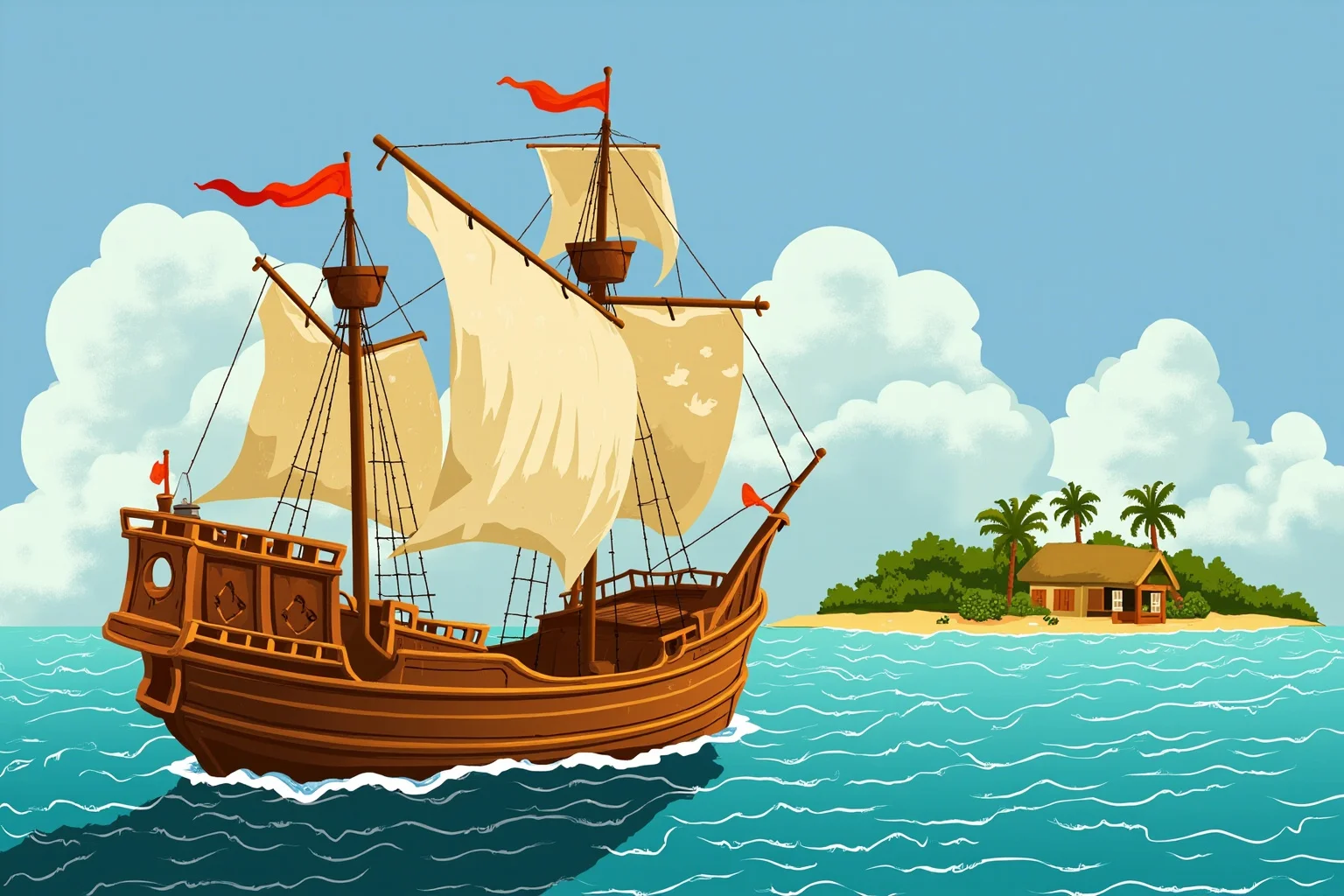Illustration of ancient wooden ships with sails crossing the sea toward a distant tropical shoreline