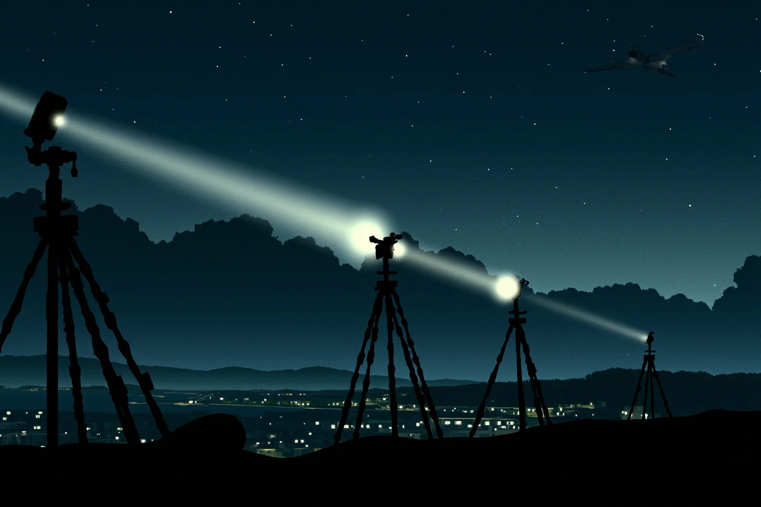 Illustration of anti-aircraft searchlights over a coastal town at night, WWII era harbor silhouette