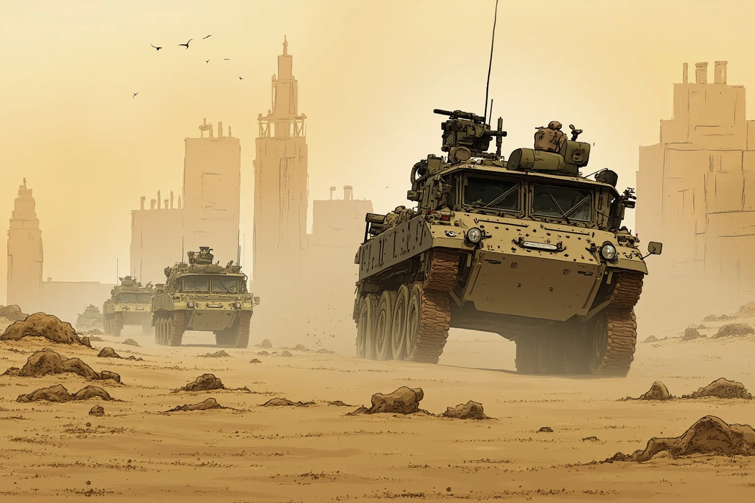 Illustration of armored convoys rolling into a Middle Eastern city under a dusty sky, 2003 style