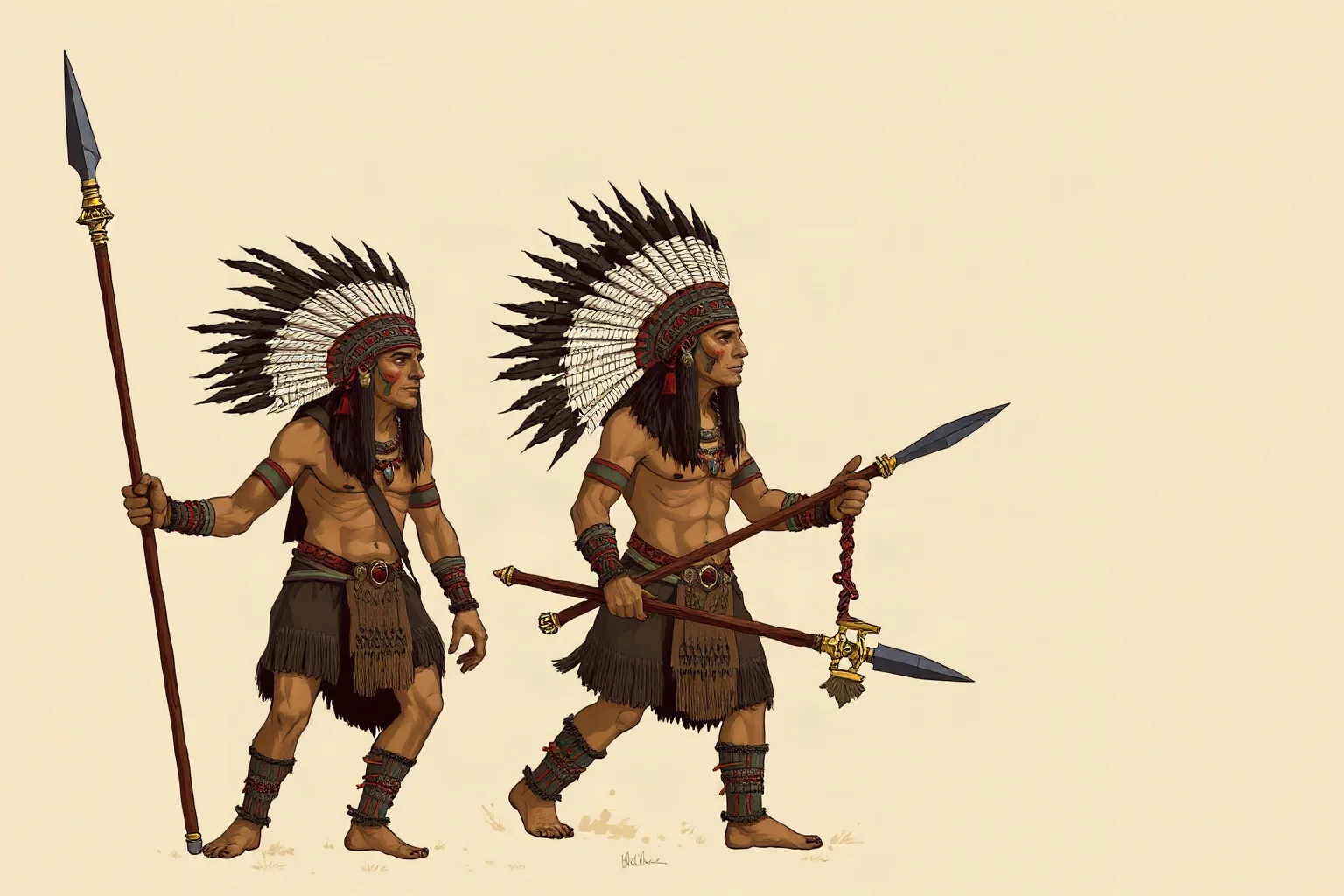 Illustration of Aztec warriors in feathered headdresses holding obsidian-edged weapons