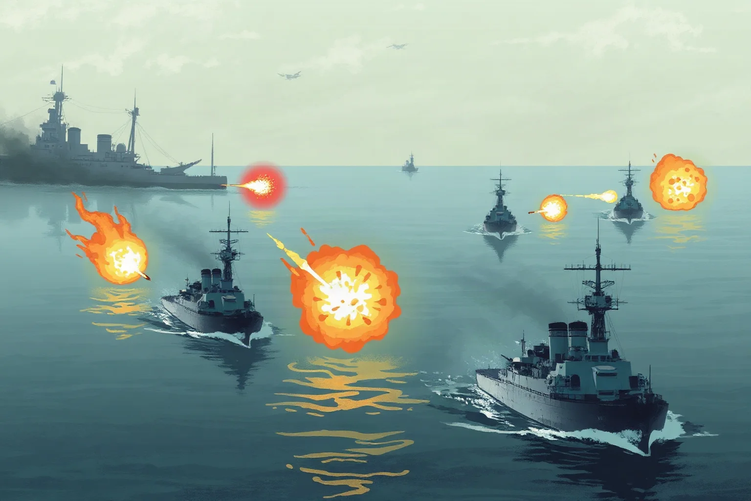 Illustration of battleships exchanging fire in the North Sea during a large WWI naval engagement